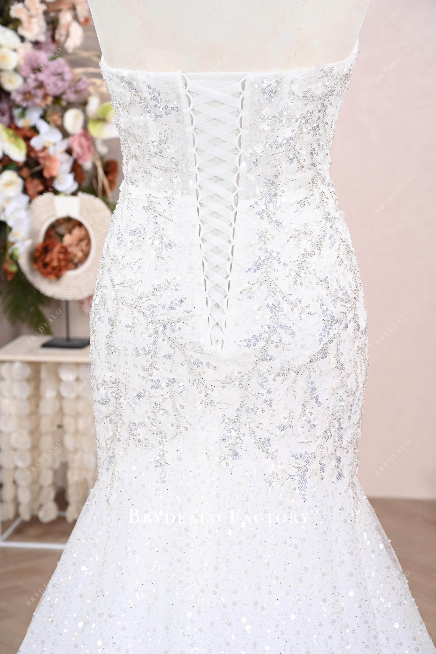 lace-up back sequined wedding dress