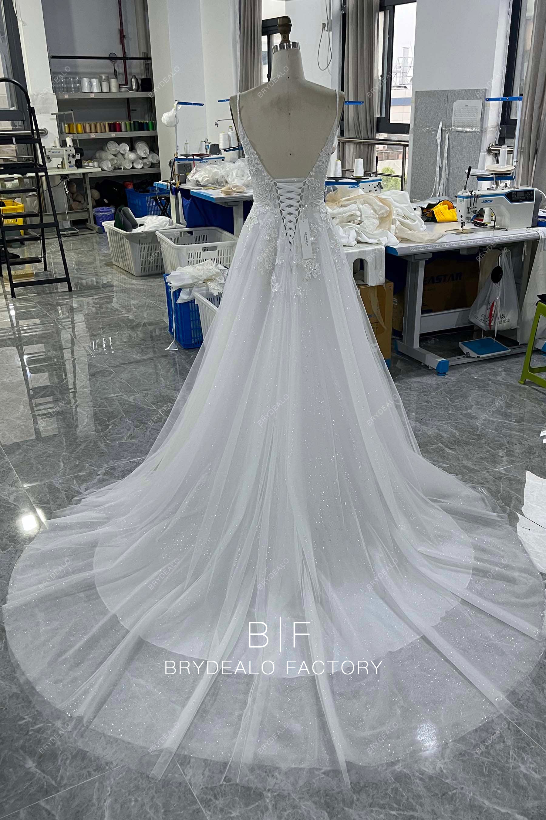 lace up back shimmery A-line wedding dress
