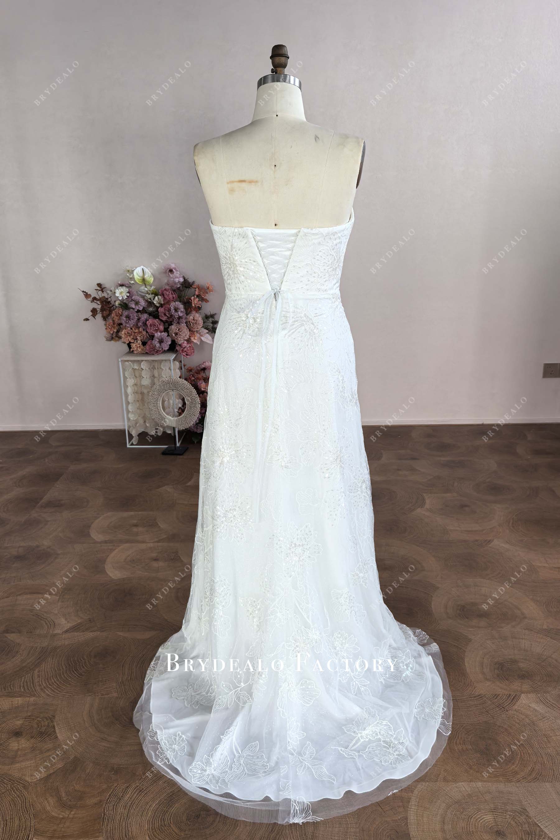 lace-up back strapless lace wedding dress