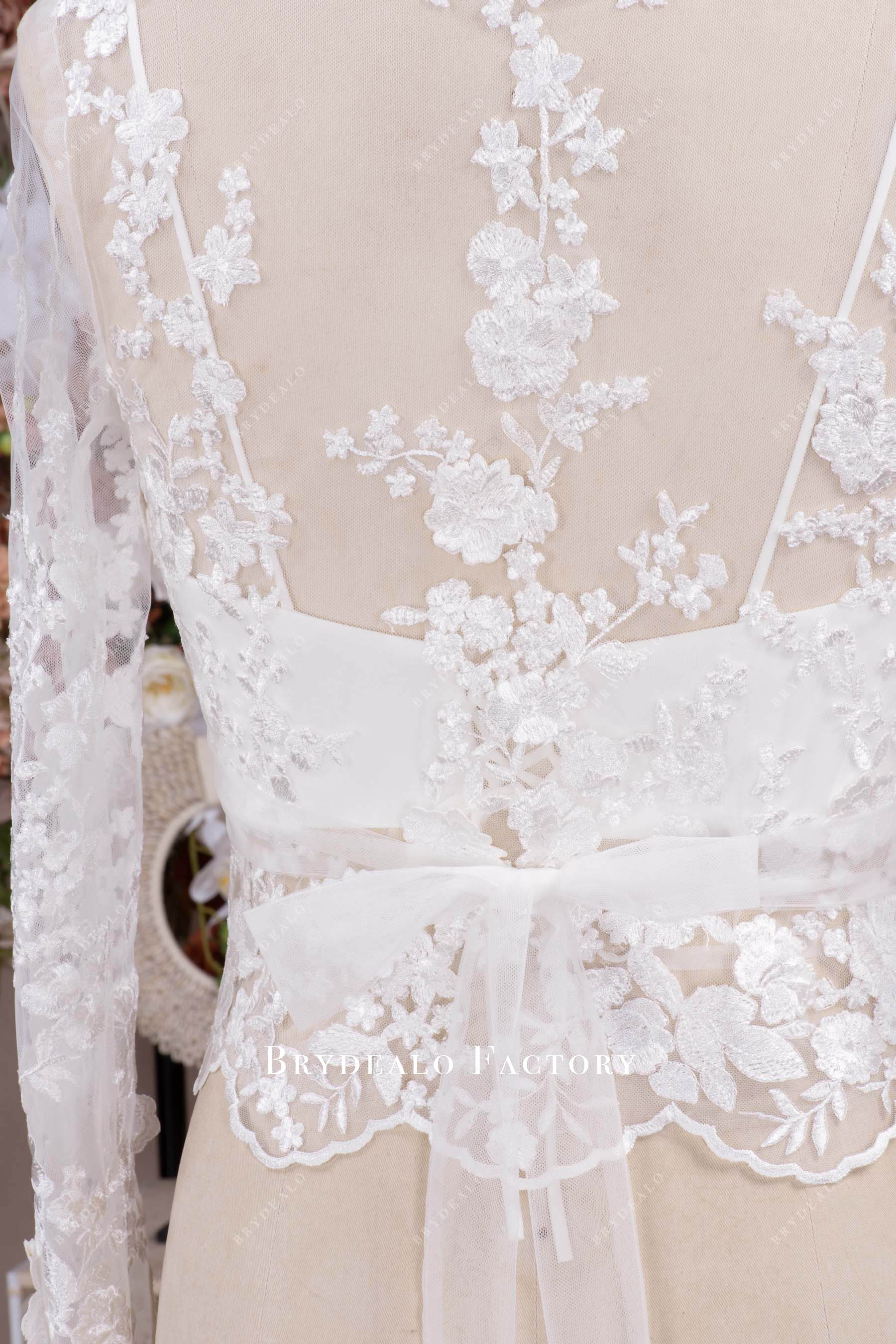 Elegant Long Sleeve Lace V-neck Bridal Top with Crepe Crop