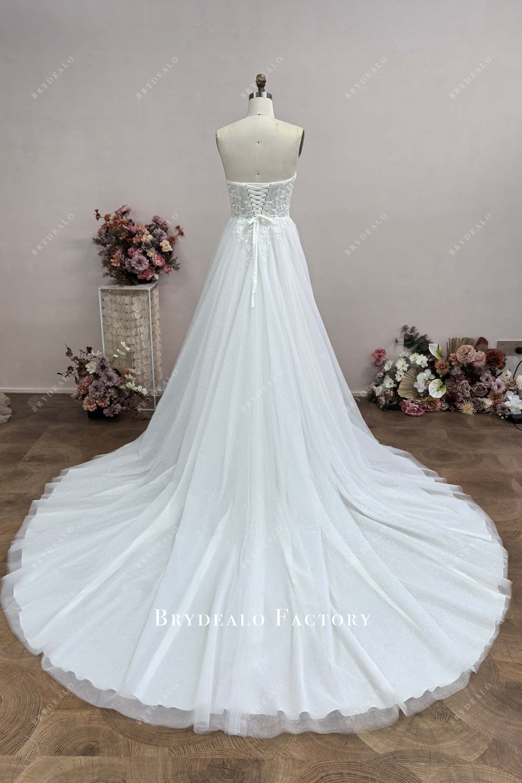 lace-up corset back long train wedding dress