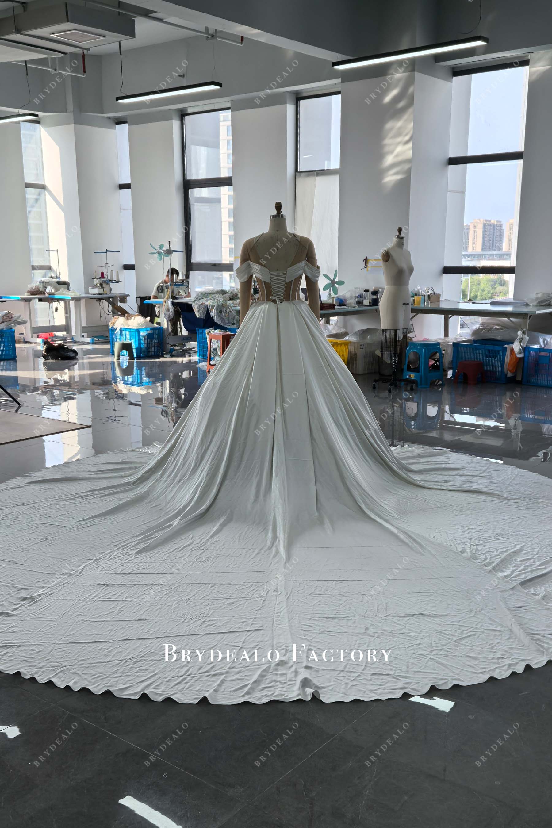 lace up corset silk satin long train wedding dress