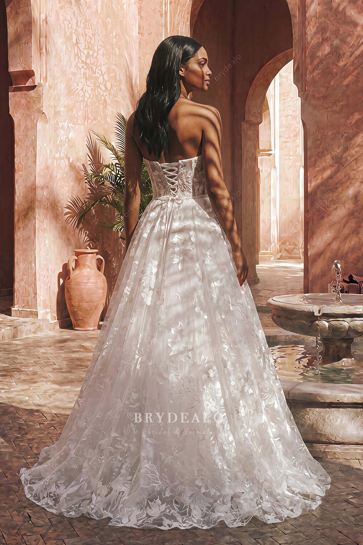 lace-up corset sweep train wedding dress