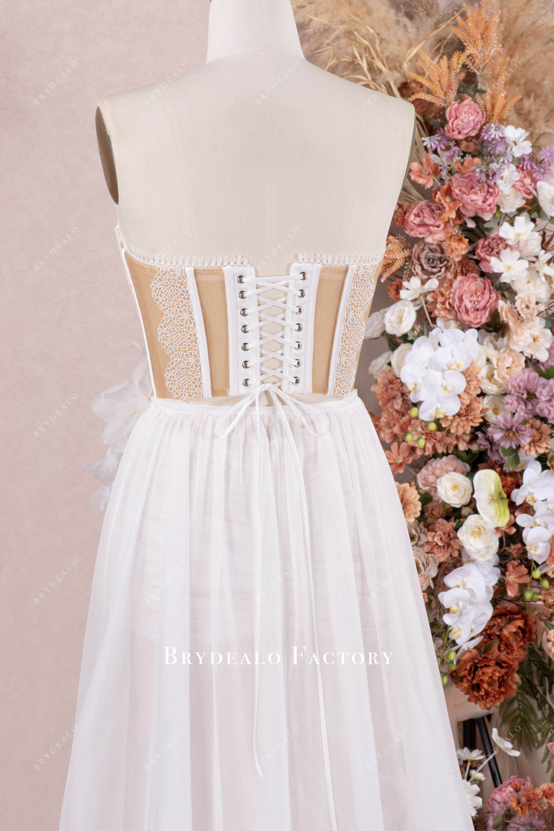 Sweetheart Corset High Slit Chiffon Overskirt Beach Wedding Dress