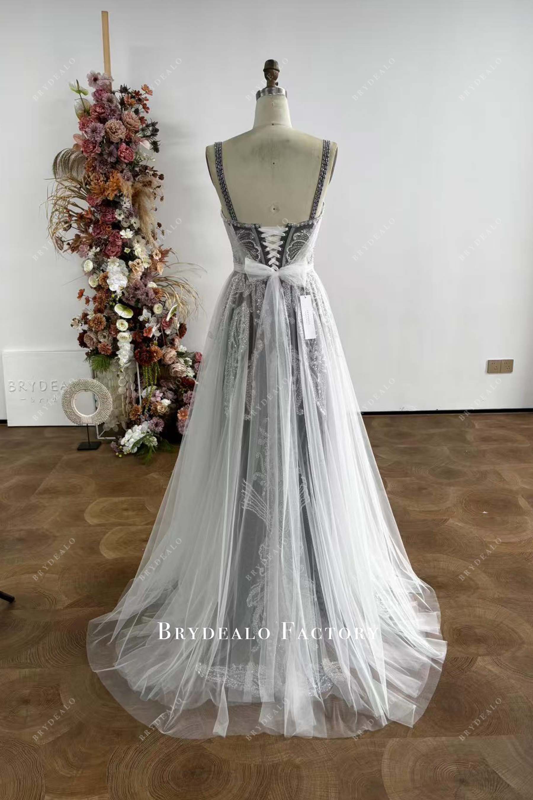 lace up corset white overlay black wedding dress
