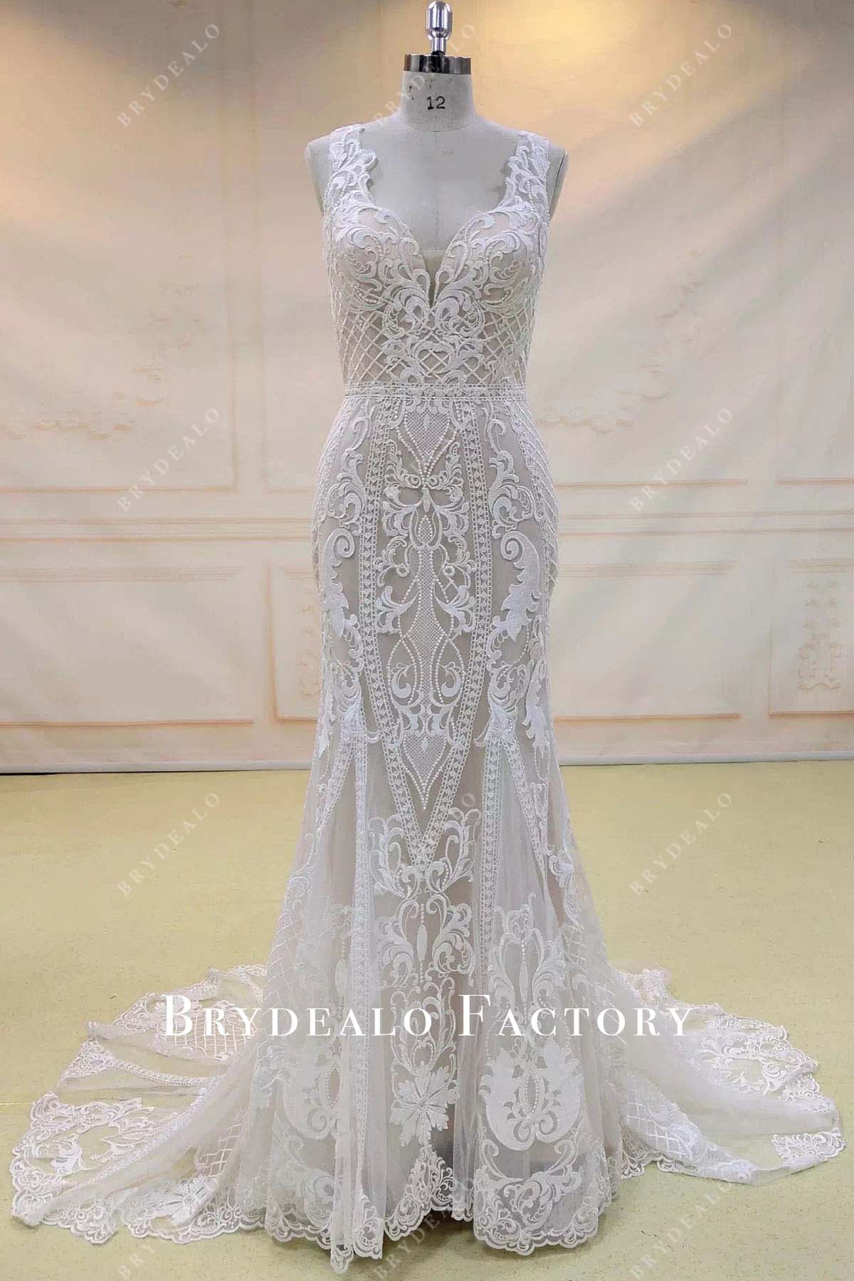 lace v neck mermaid wedding dress