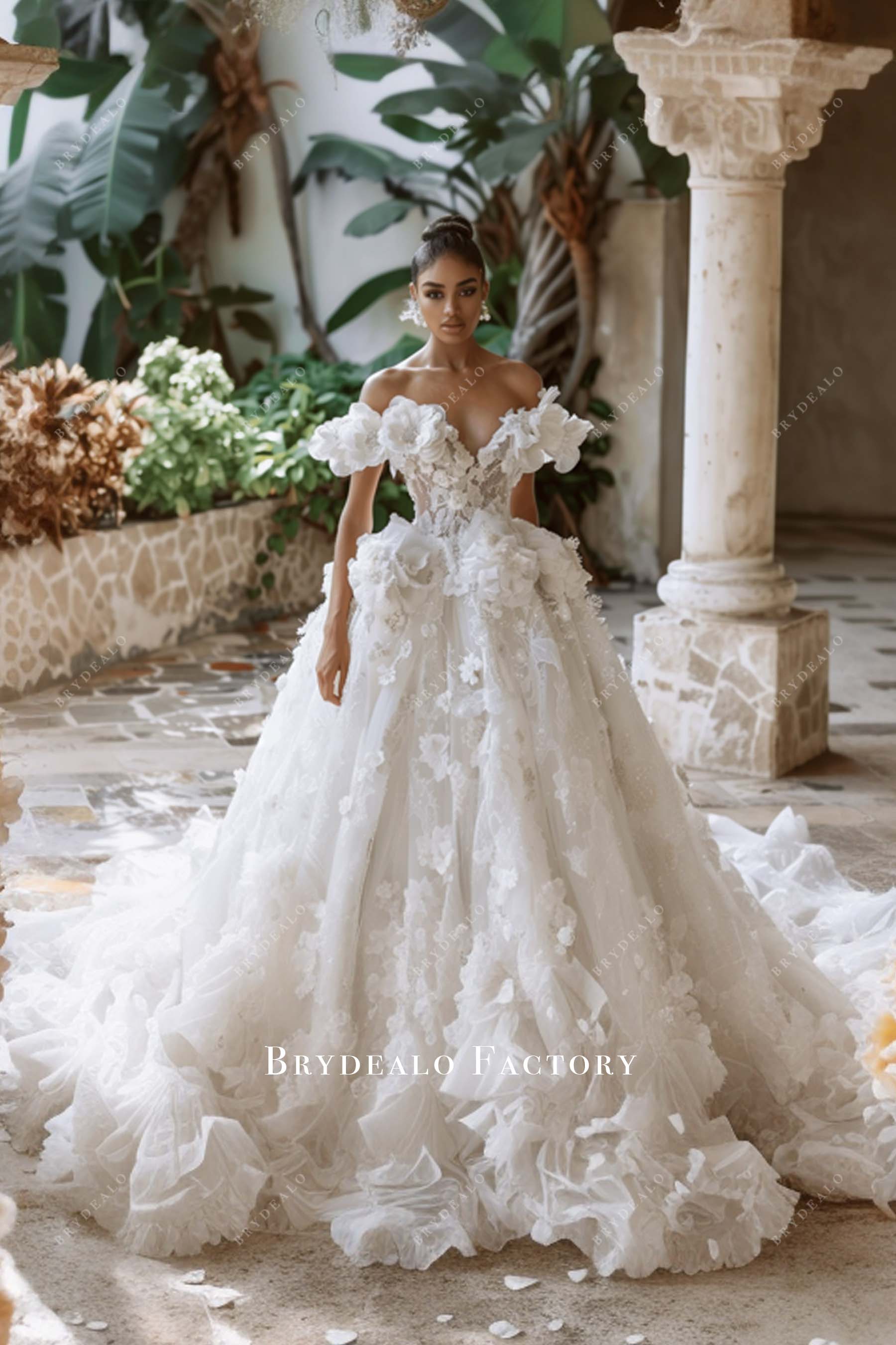 3D Flowers Retro Off Shoulder Lace Wedding Ball Gown