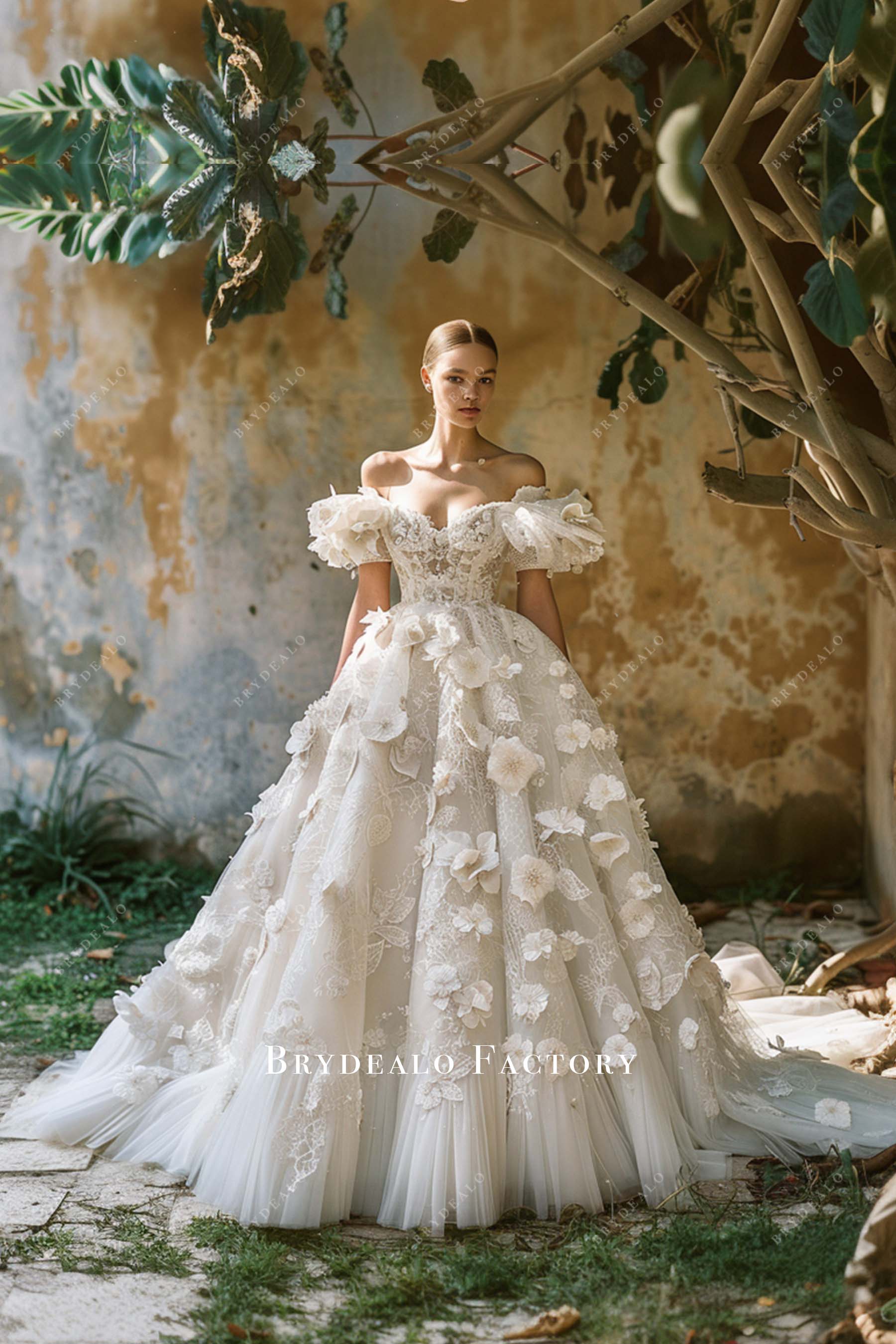 3D Flowers Lace Princess Off Shoulder Corset Wedding Dress