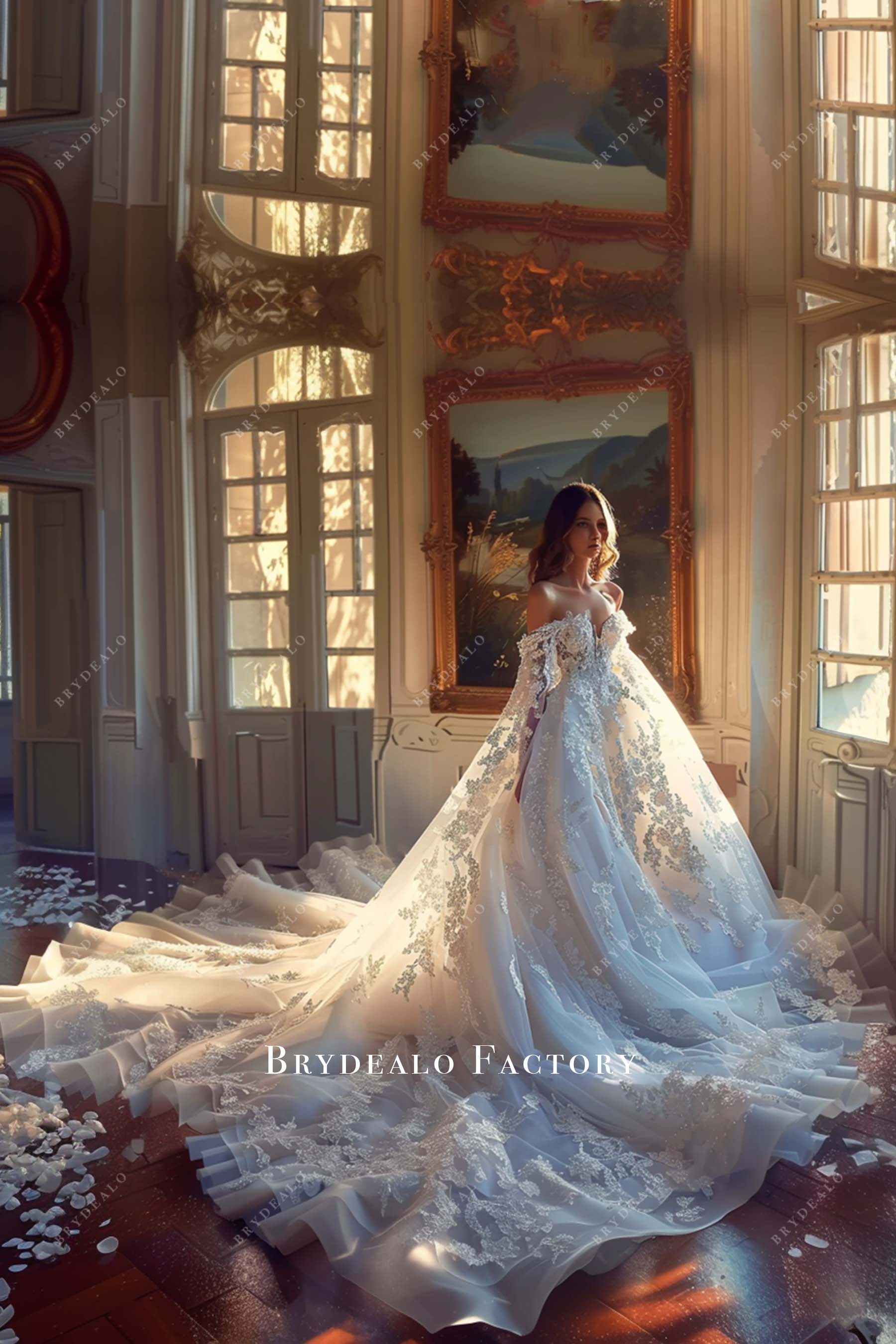 Fairytale Lace Cape Sleeves Off Shoulder Wedding Dress