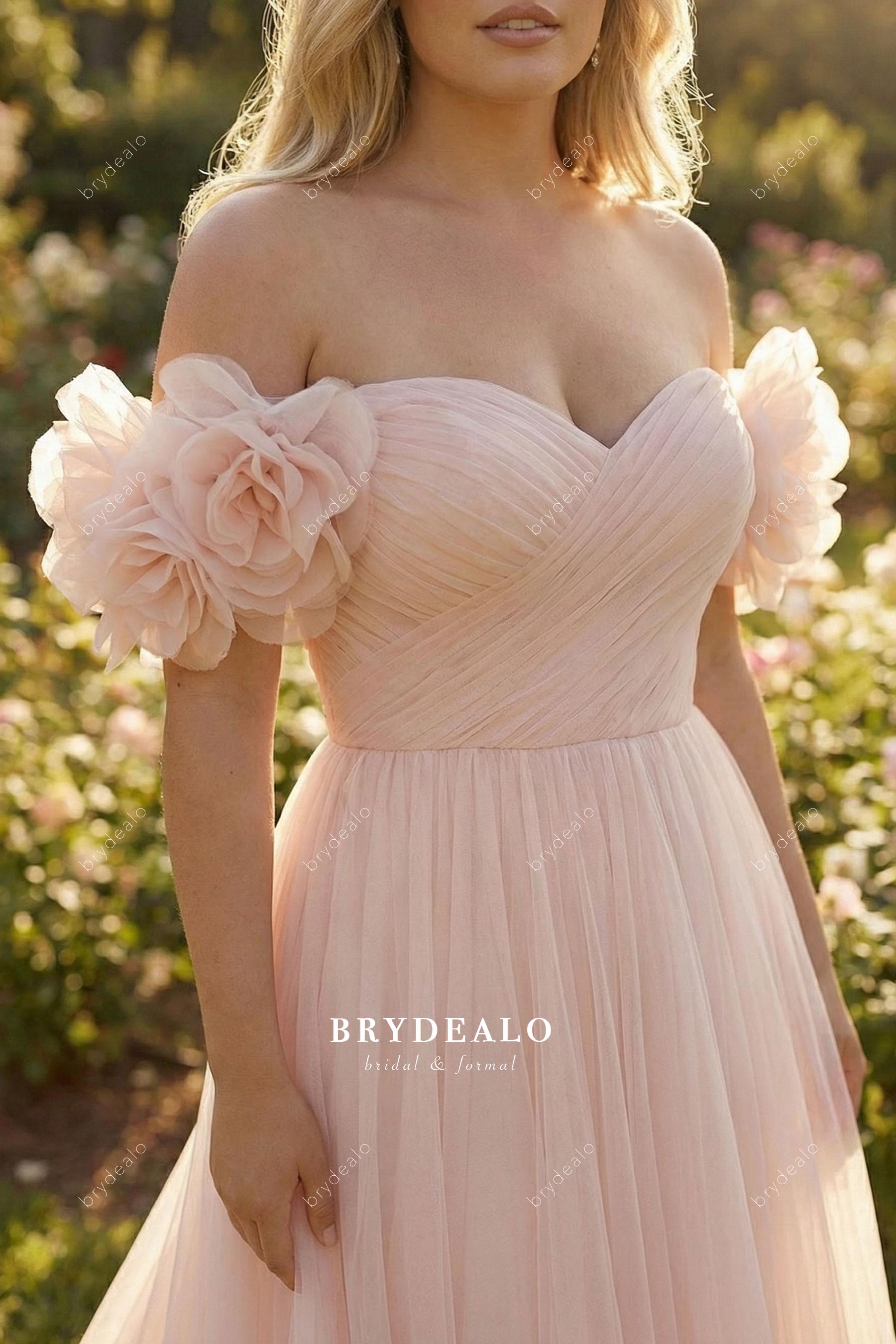 large flower off-shoulder wedding dress