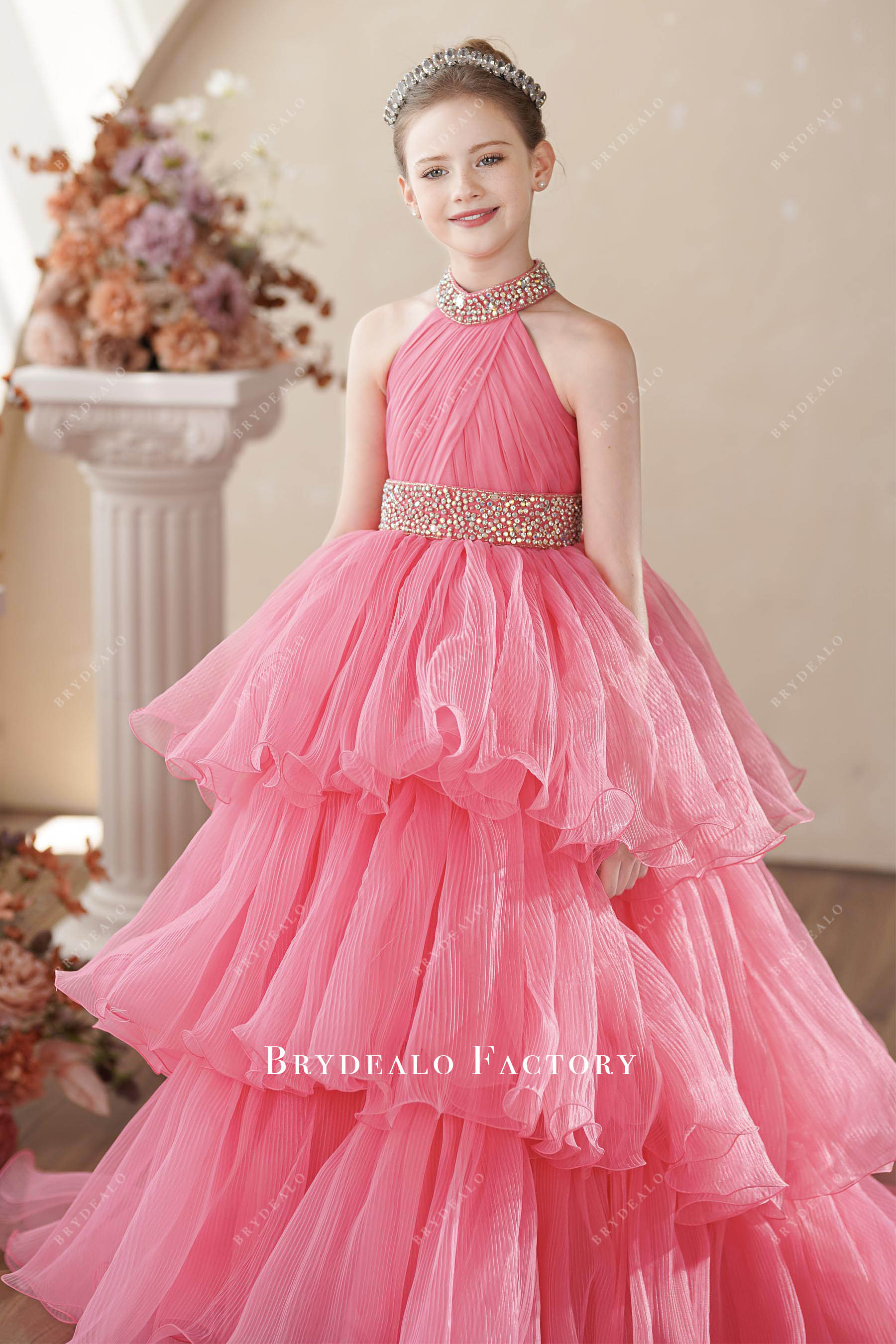 layered pink young girl pageant dress