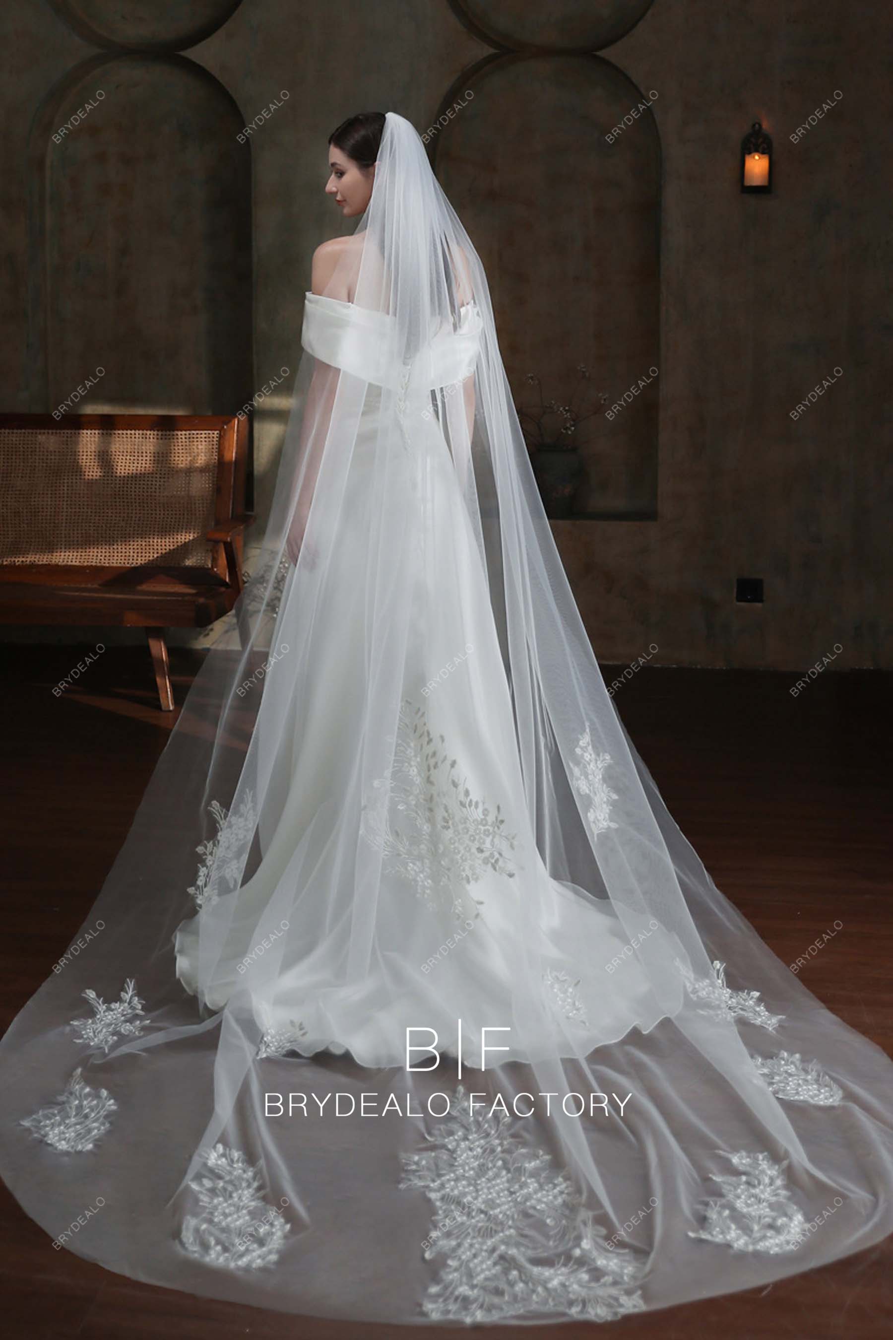 Leaf Patterned Lace Cathedral Length Wedding Veil