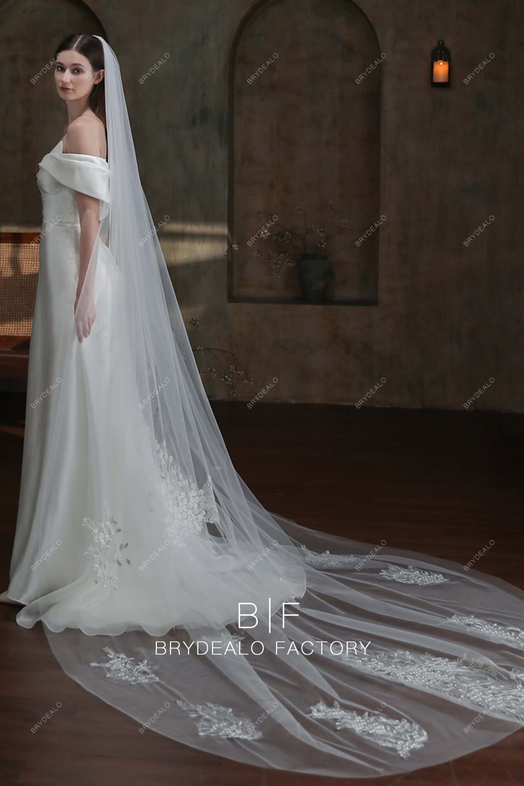 Leaf Patterned Lace One Tier Long Wedding Veil