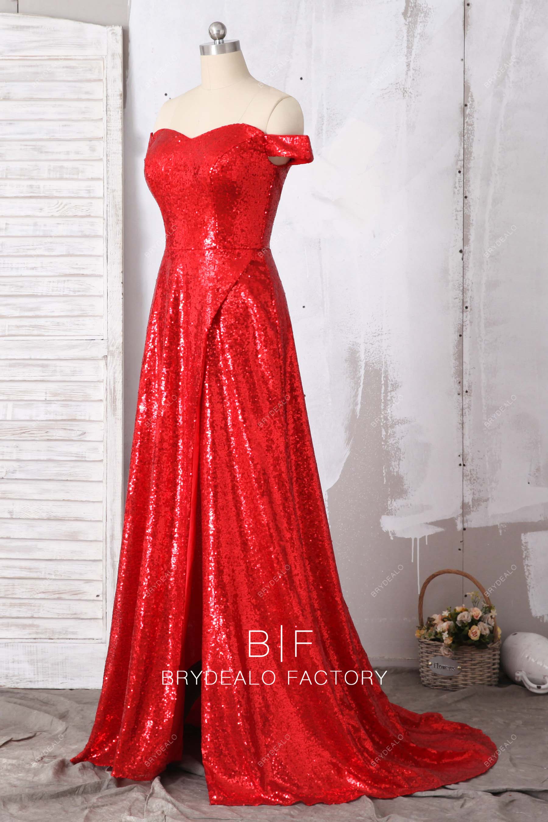 Red Sequin Sexy Leg Slit Court Train Prom Dress