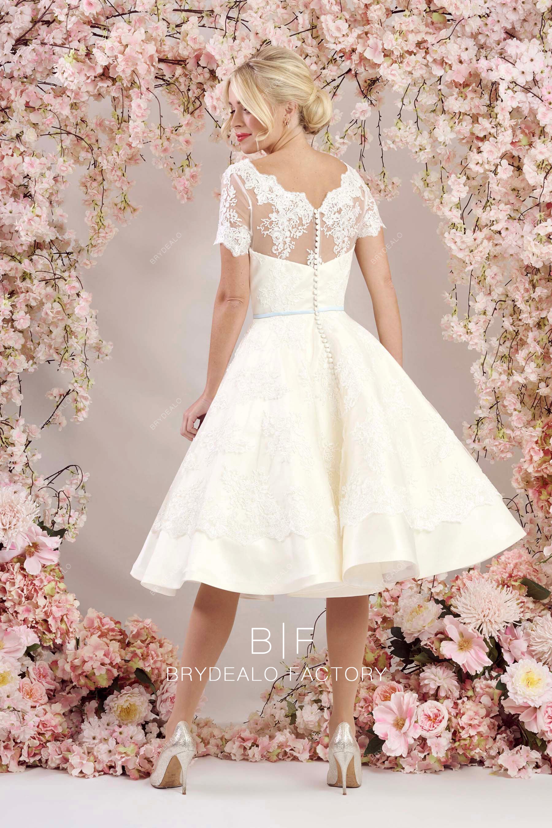 light champagne lace tea-length bridal gown