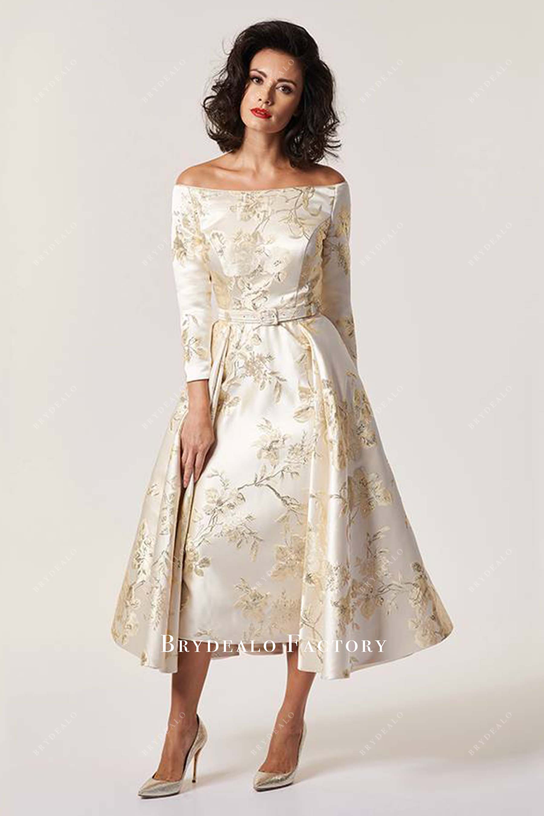 light champagne print off shoulder mother of bride dress