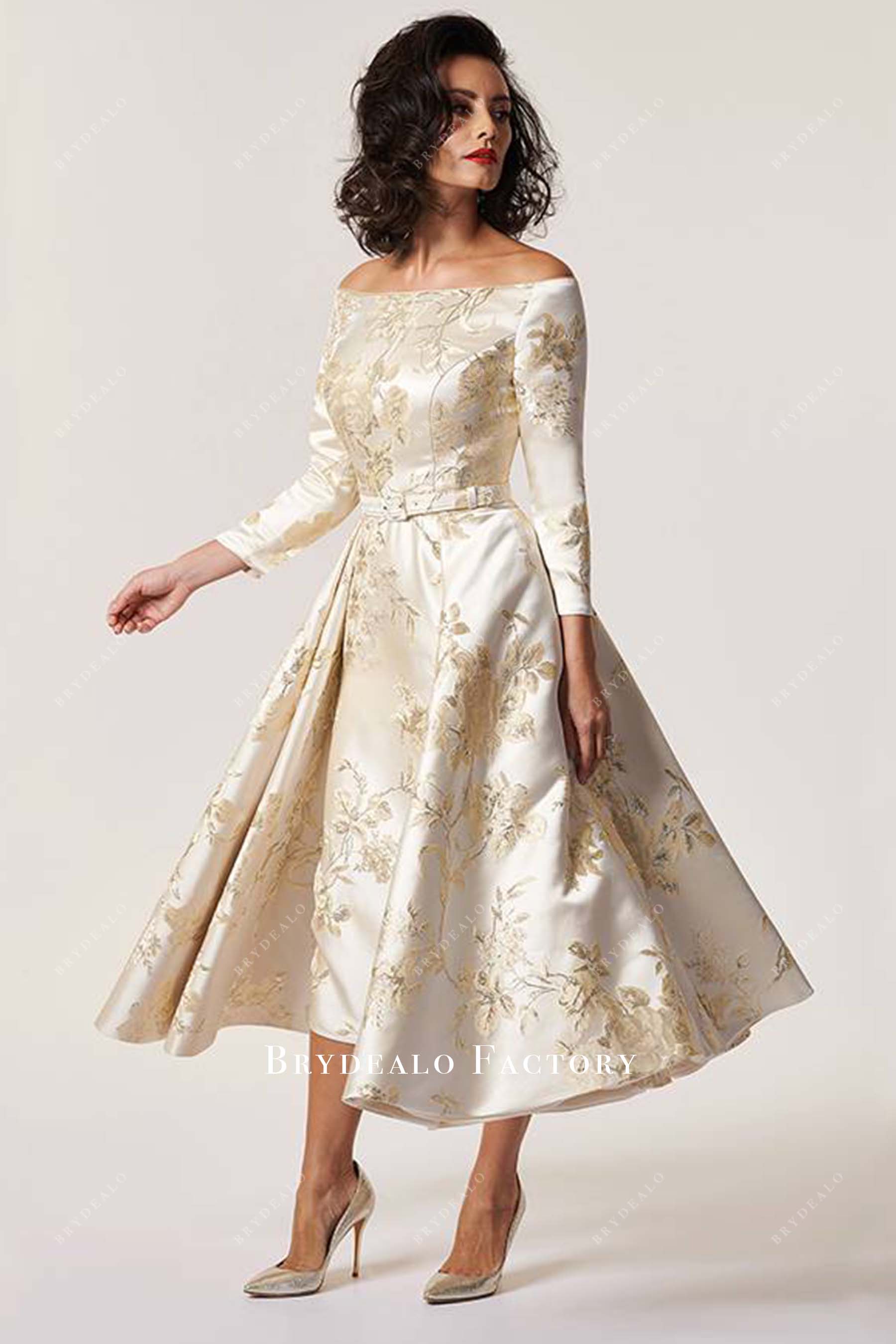 light champagne print tea length mother of bride dress