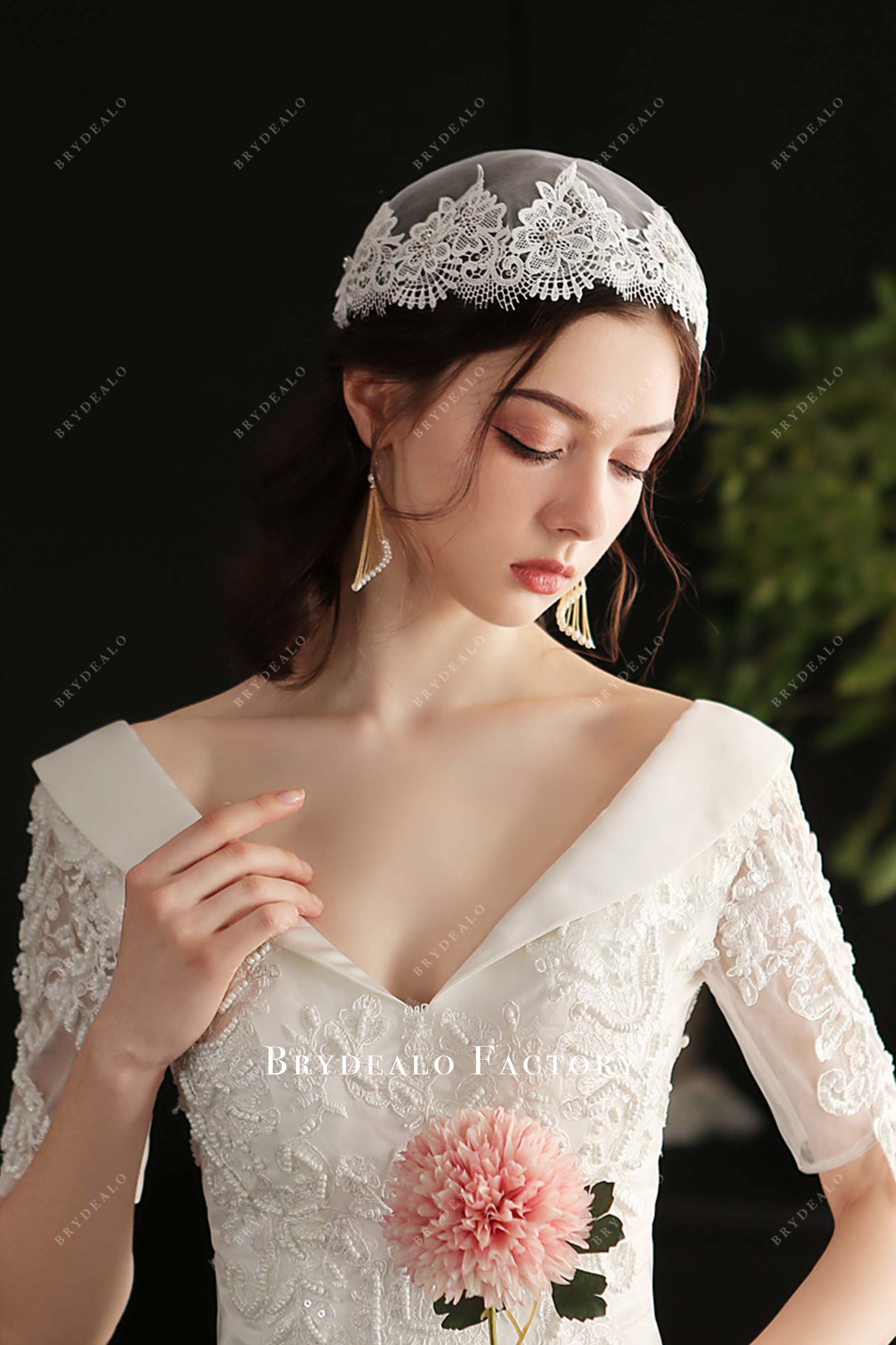 light ivory floral hat bridal veil