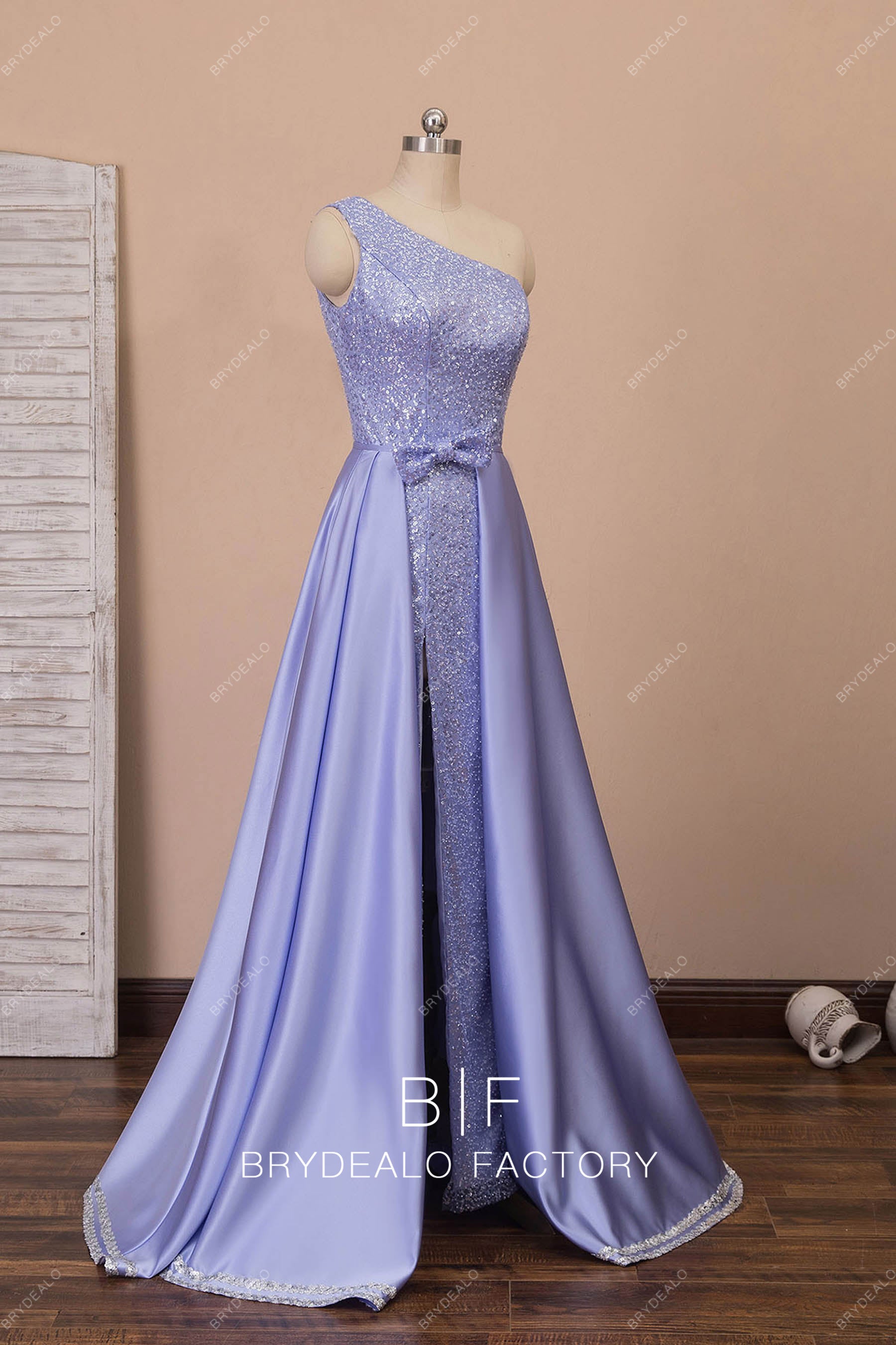 Lilac Sparkly Sheath Formal Dress with Detachable Satin Overskirt