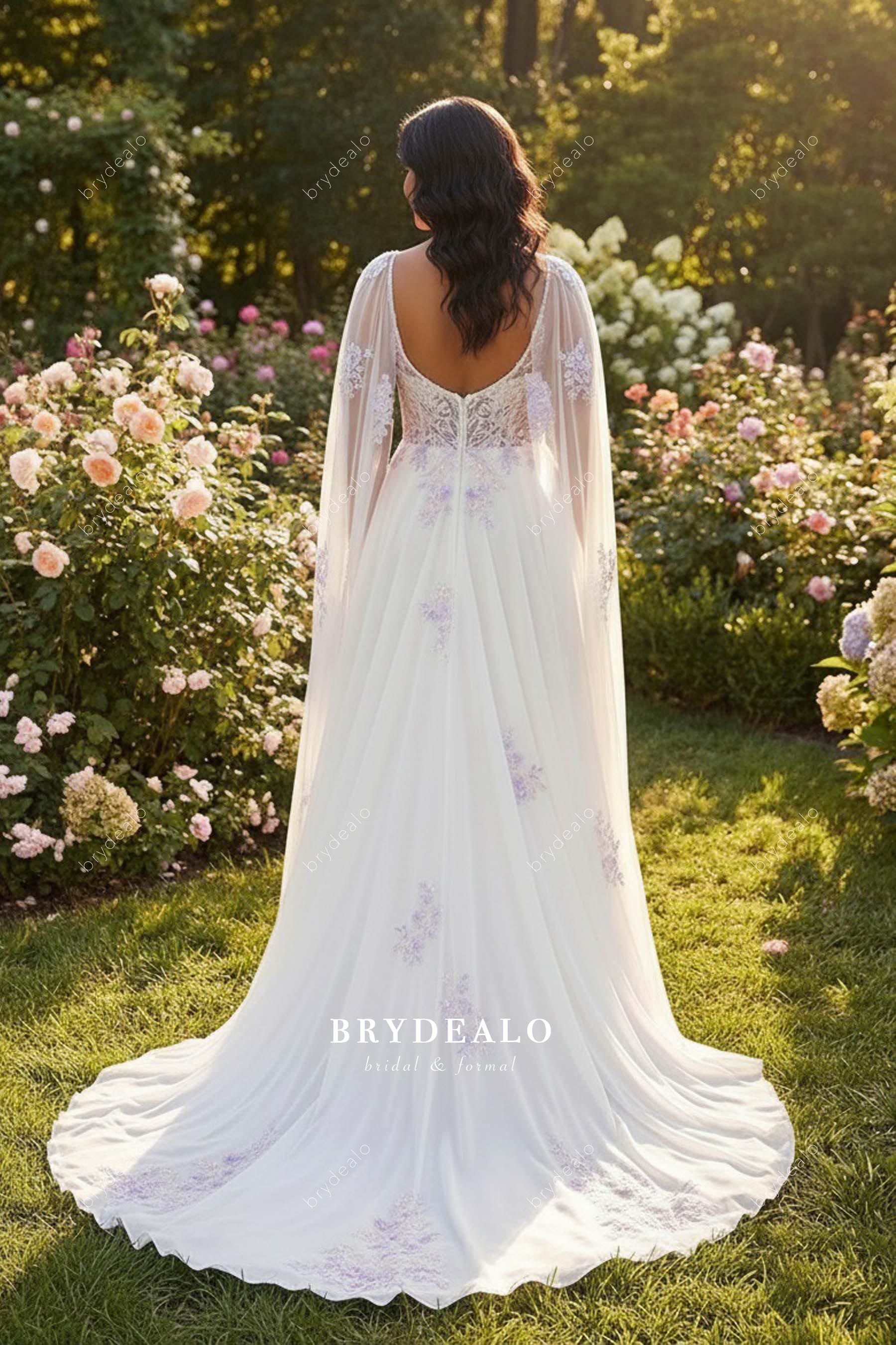 lilac lace appliques sheer cape bridal dress