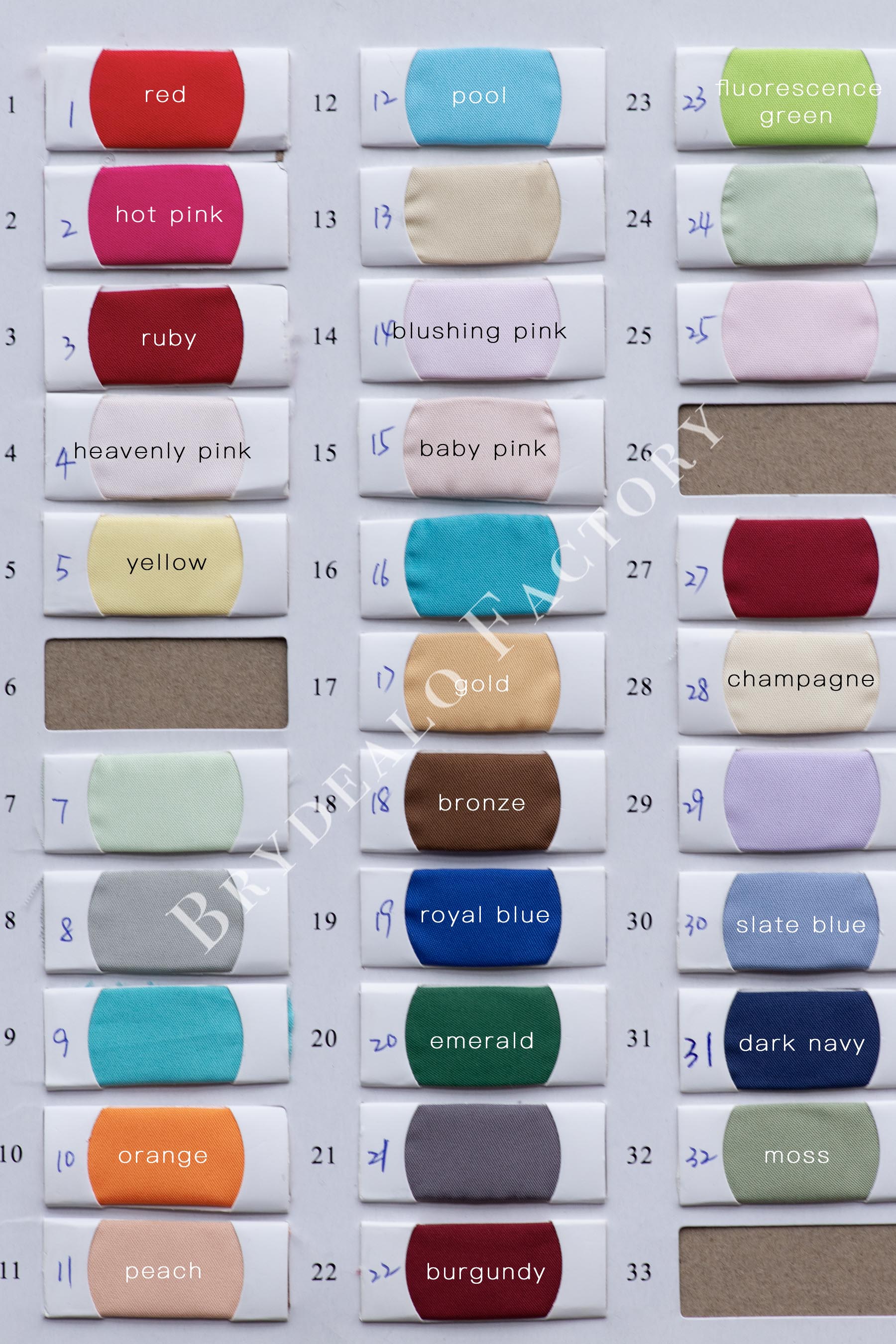 lining fabric color chart