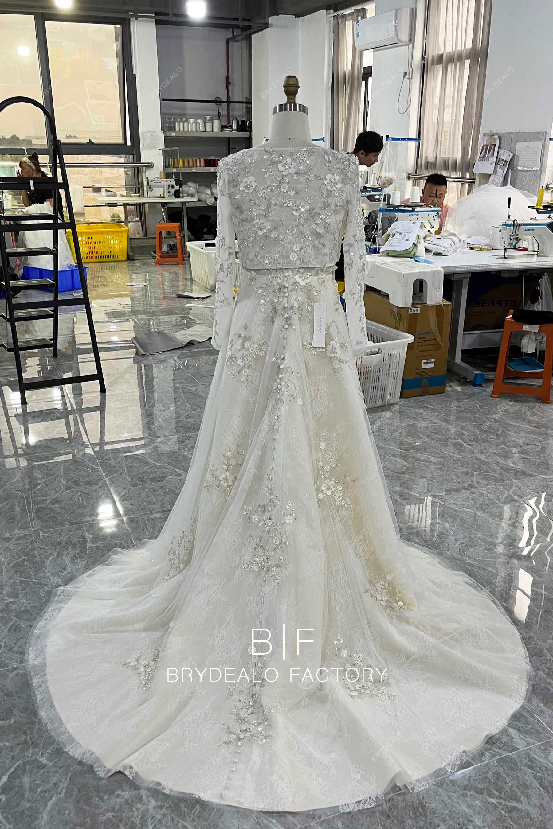 long 3D flower lace wedding gown