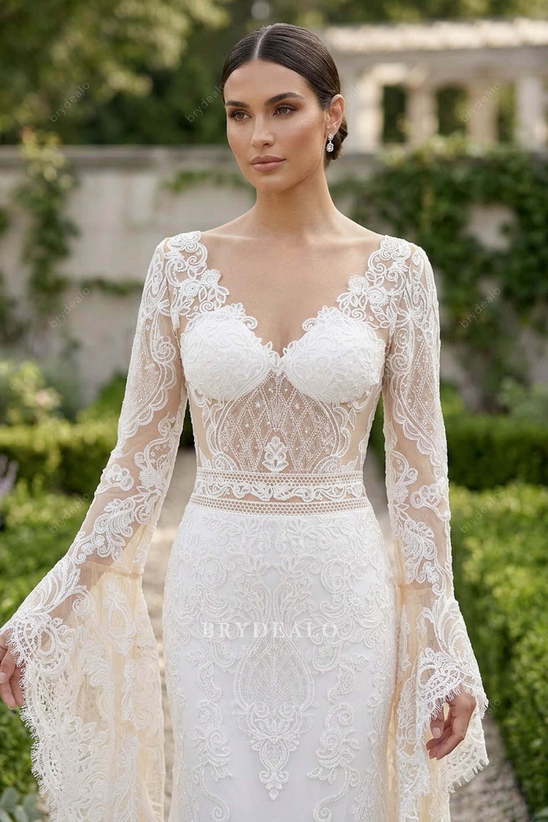 Boho Beaded Lace Bell Sleeves Fit and Flare Wedding Gown Boho Beaded Lace Bell Sleeves Fit and Flare Wedding Gown