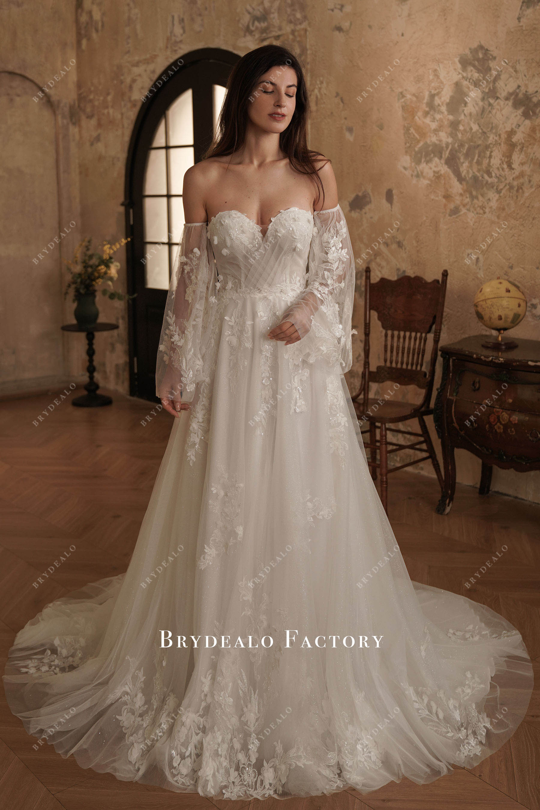 long bell sleeve lace A-line wedding dress