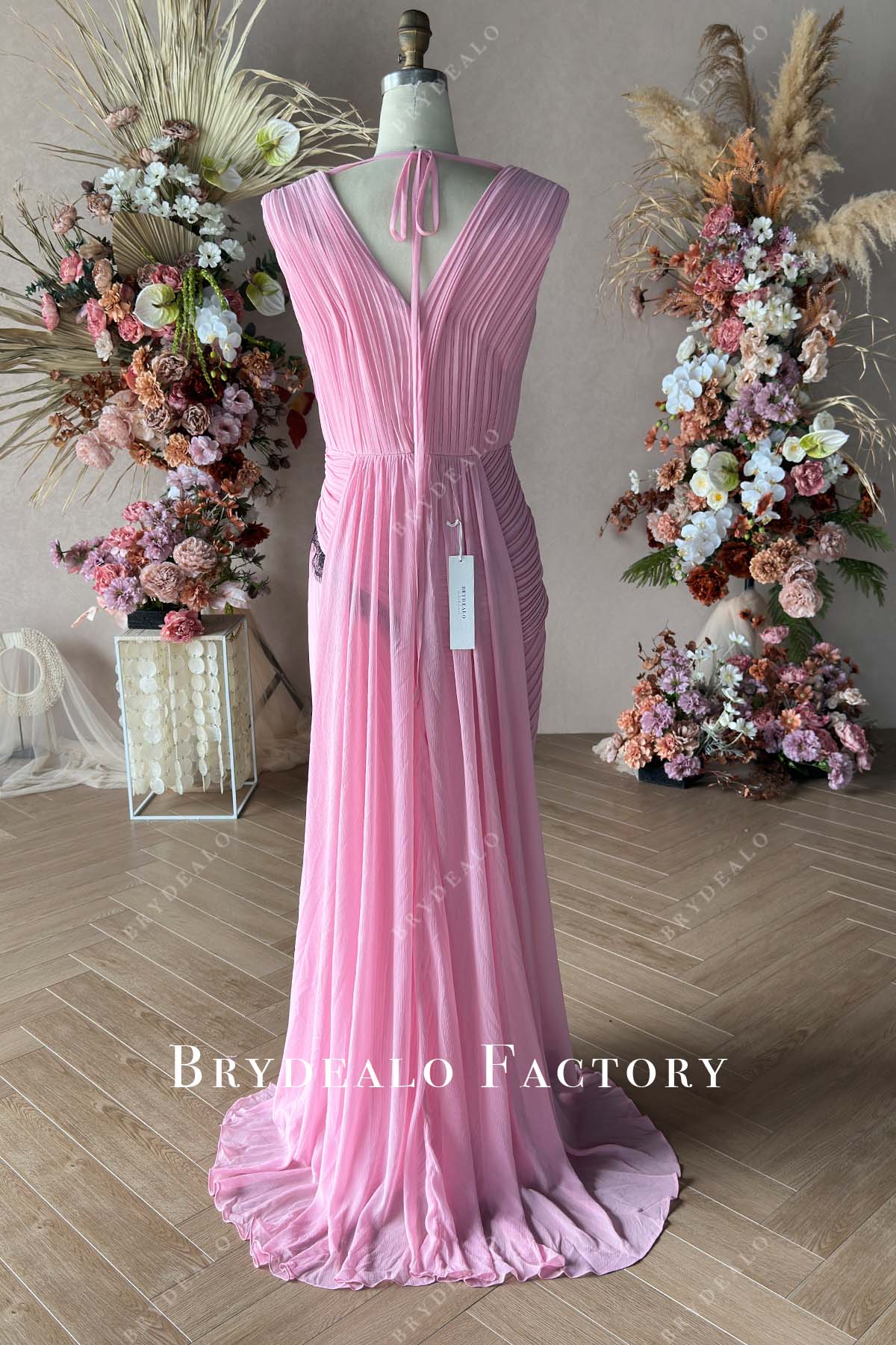 pink V-back long pleated chiffon formal gown