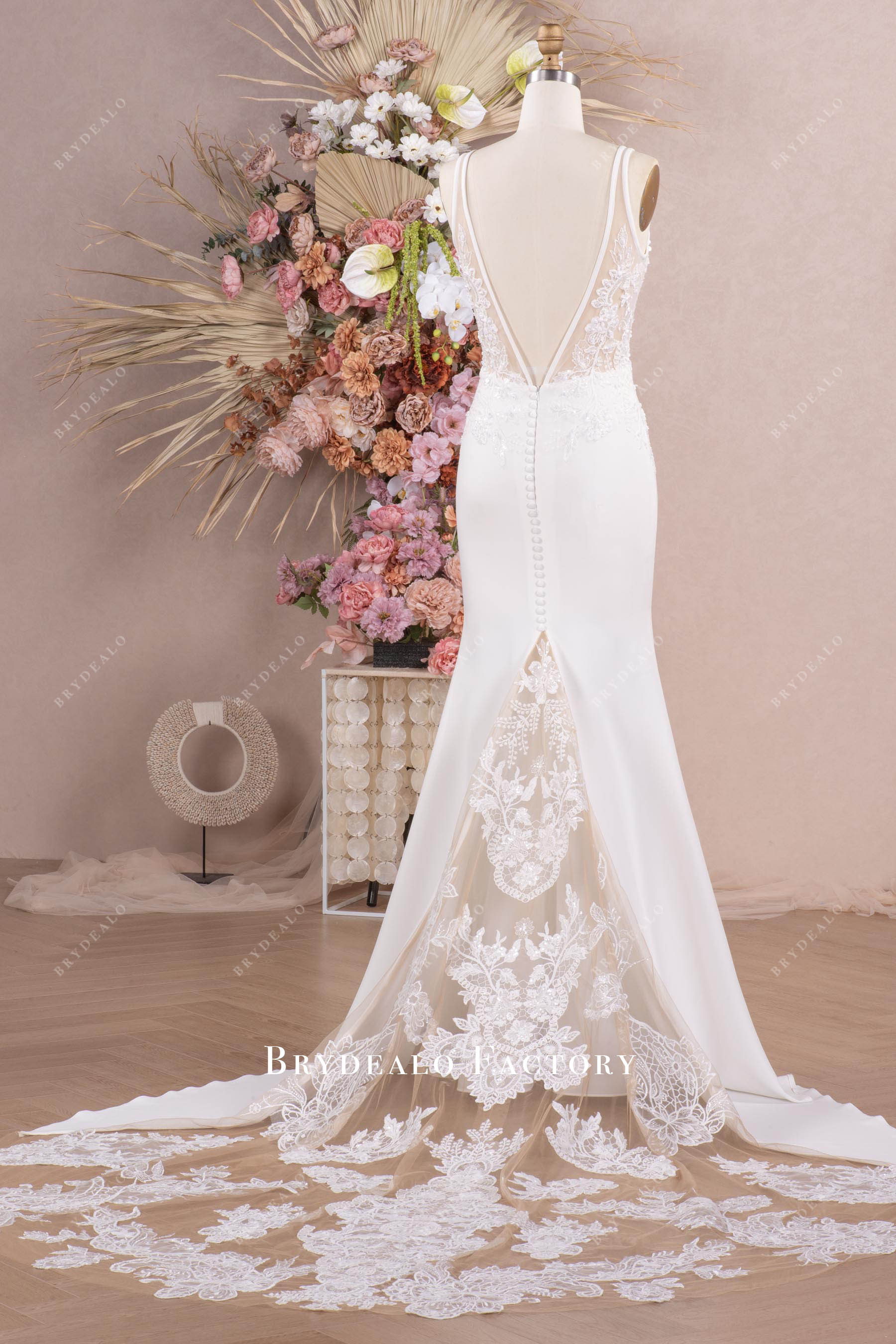 long crepe lace wedding dress