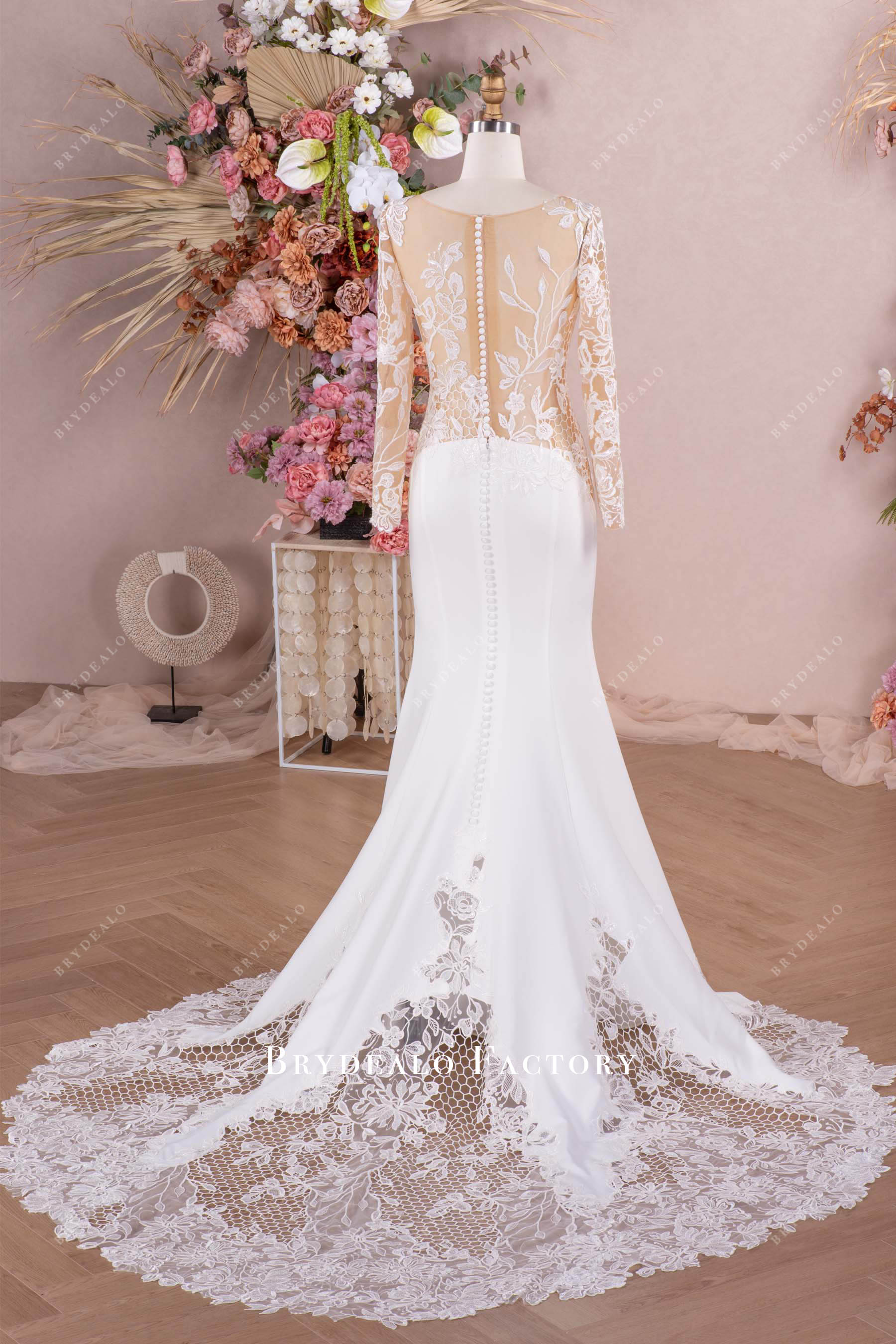 Elegant Long Cutout Lace Train Crepe Mermaid Wedding Dress