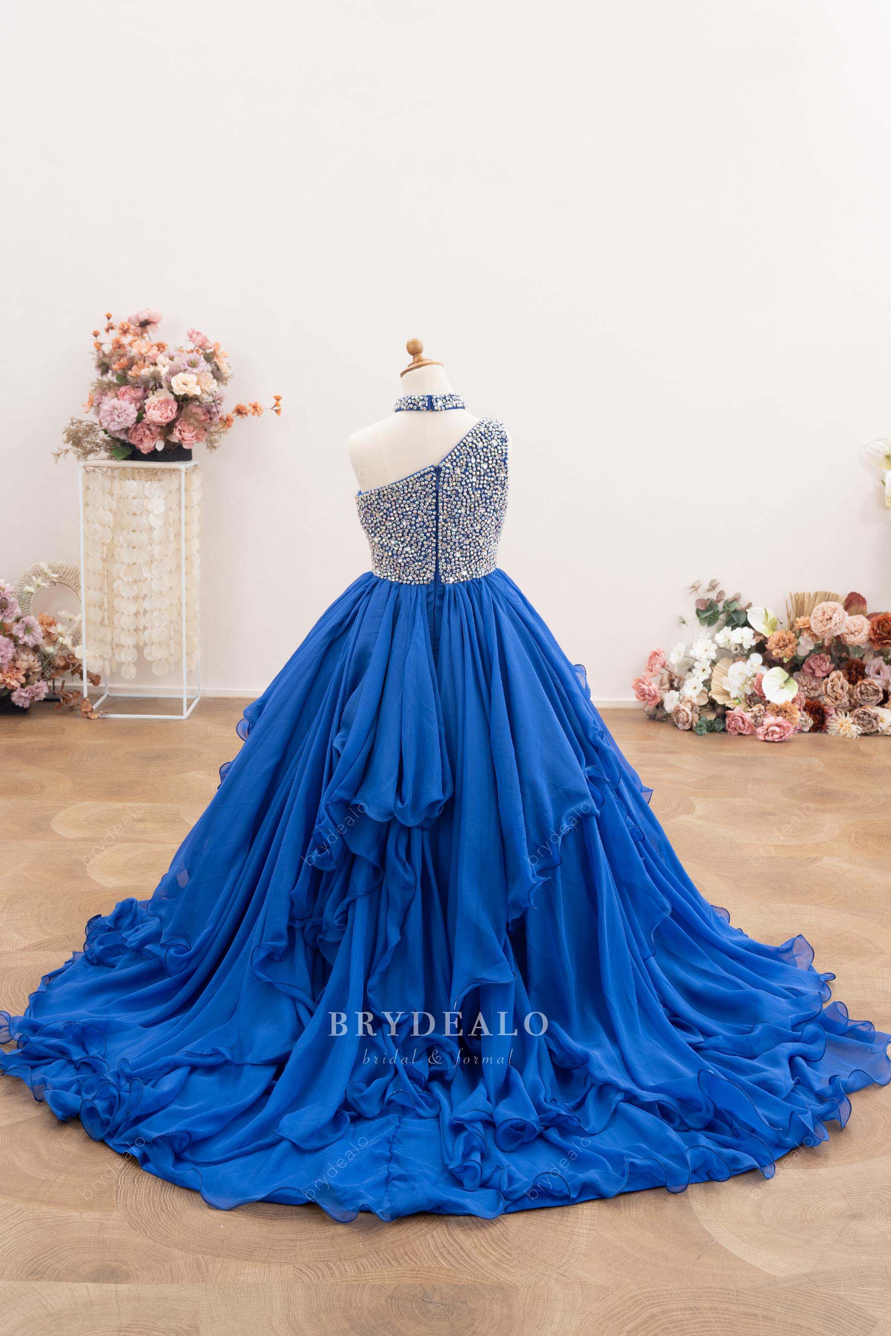 long layered chiffon kids pageant gown