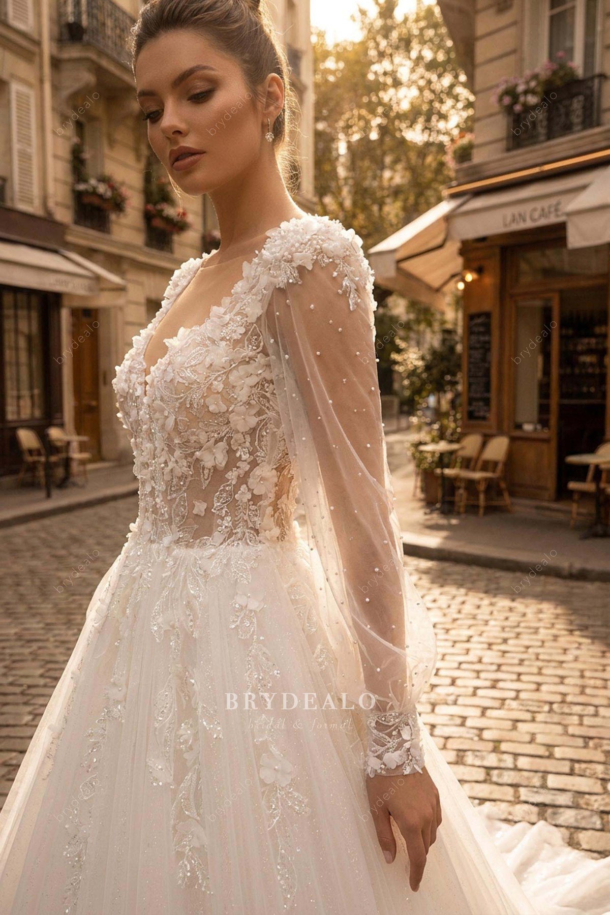 long pearl sleeve wedding dress