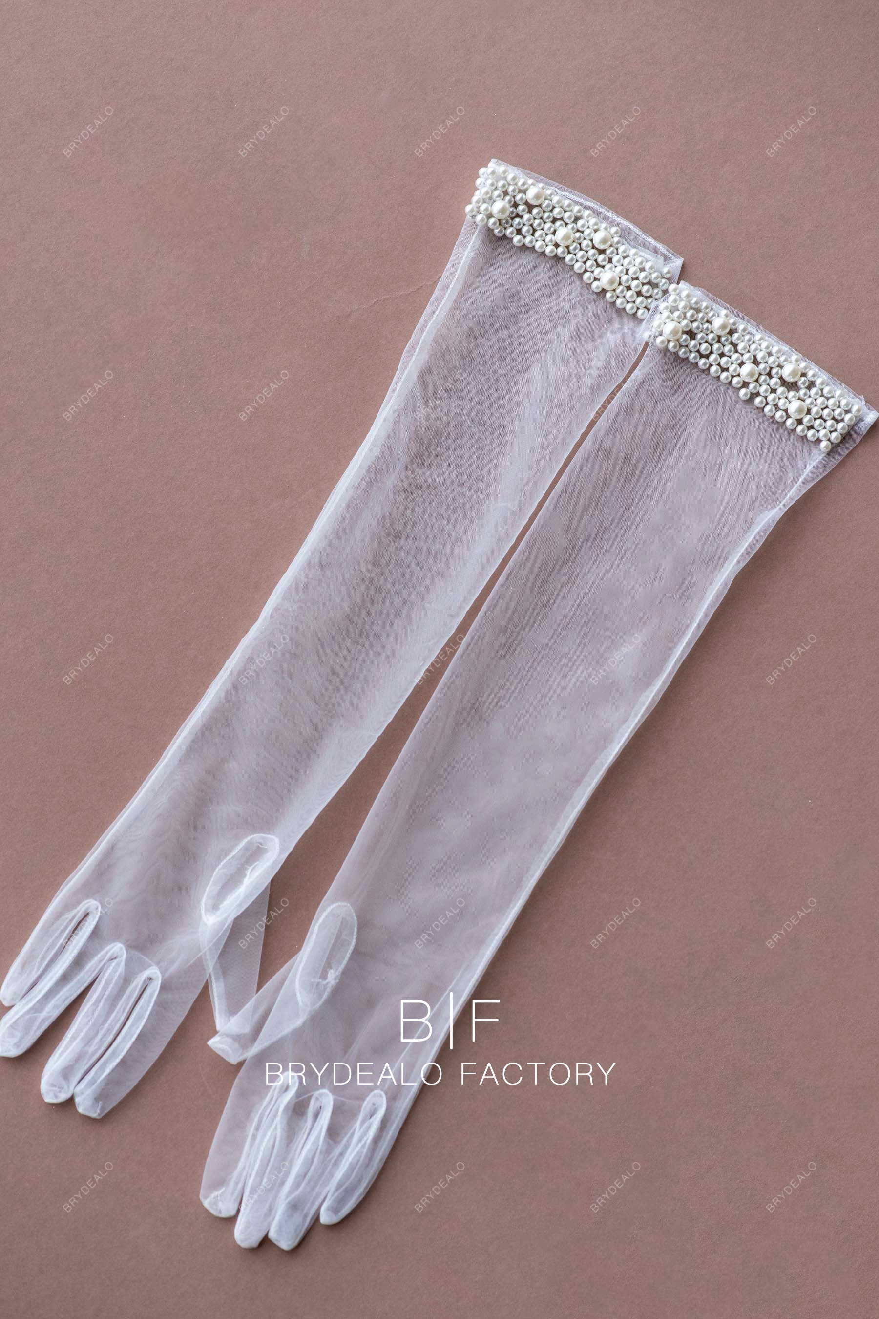 long pearl tulle bridal gloves