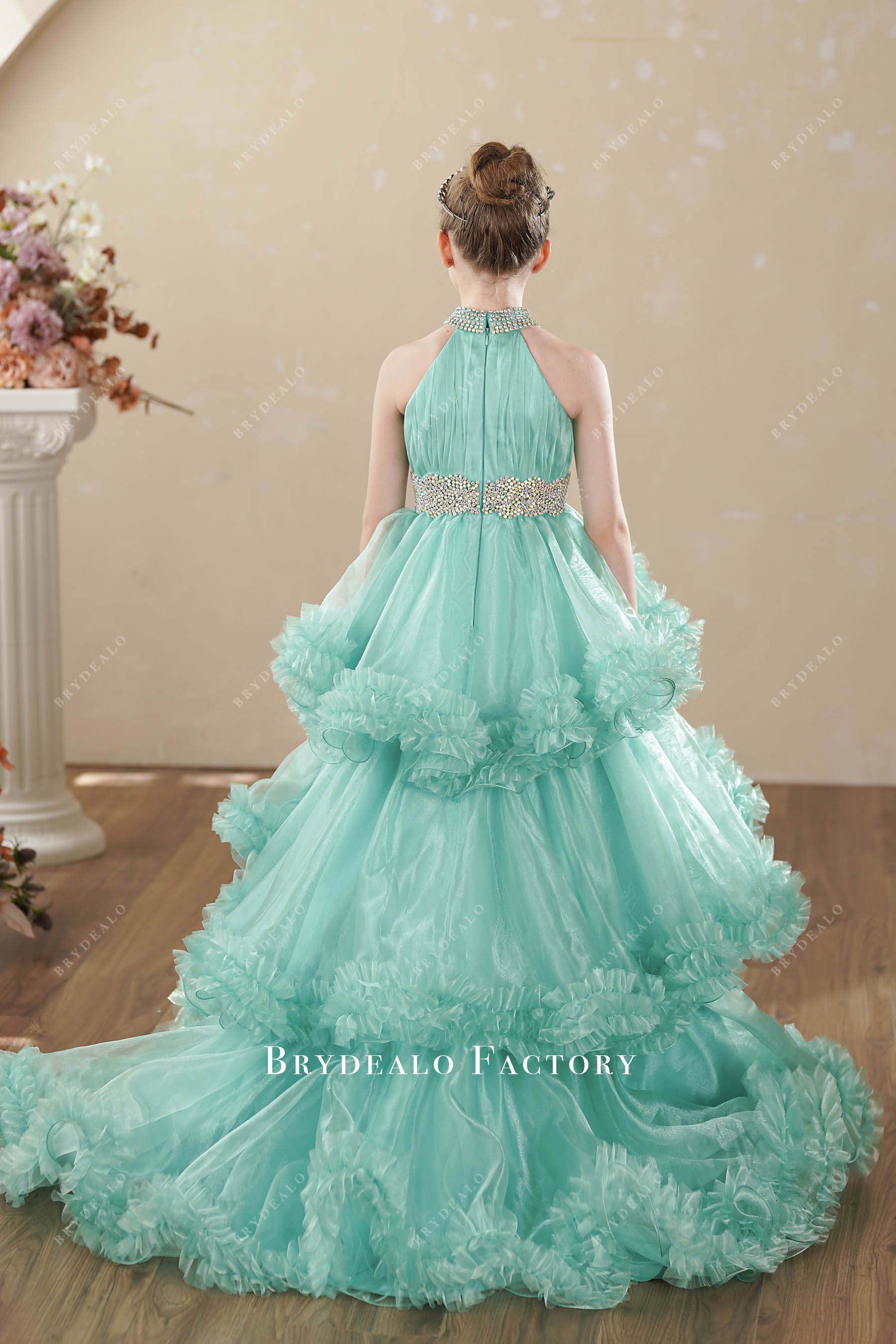 long ruffled green junior pageant dress