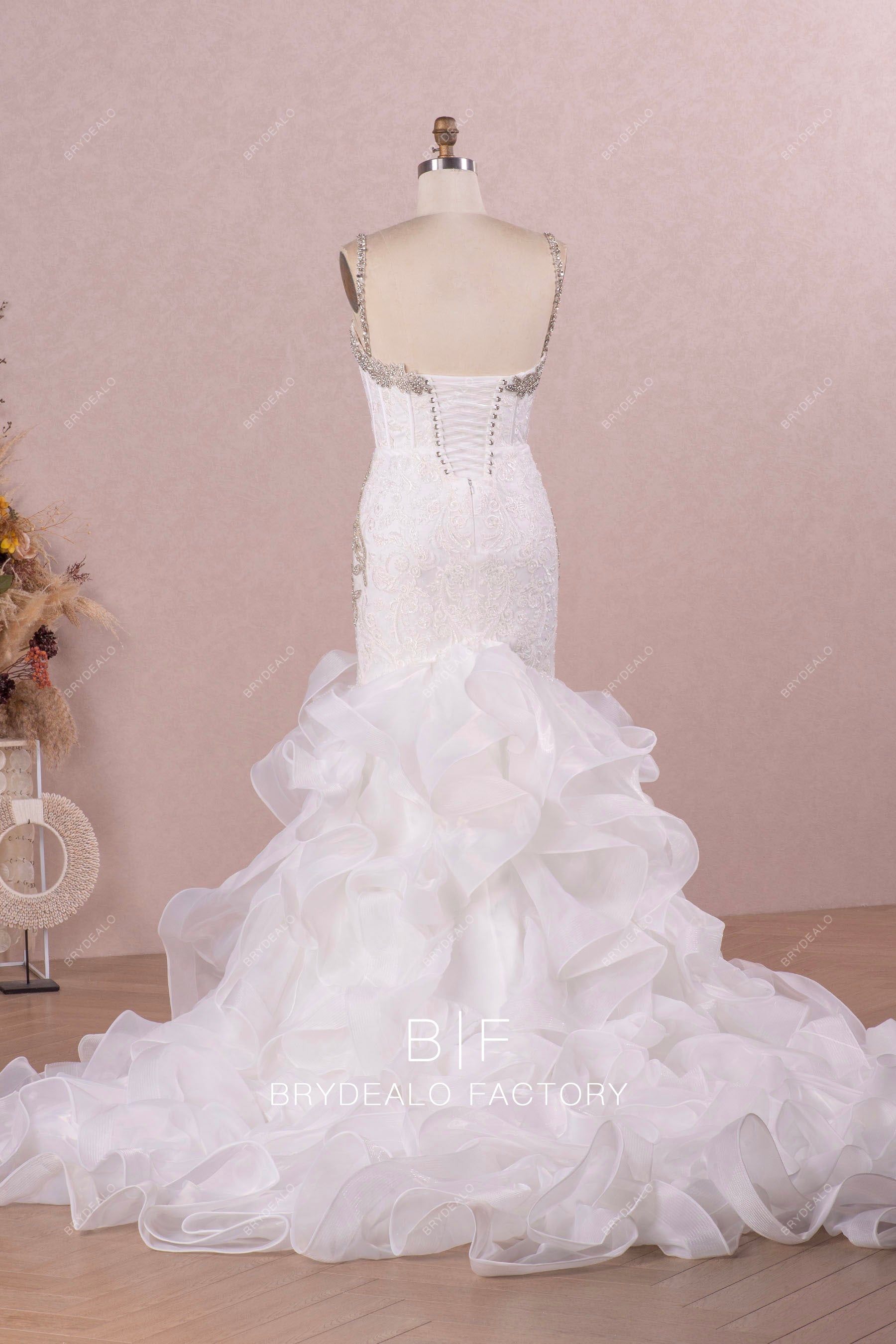 long ruffled mermaid wedding dress