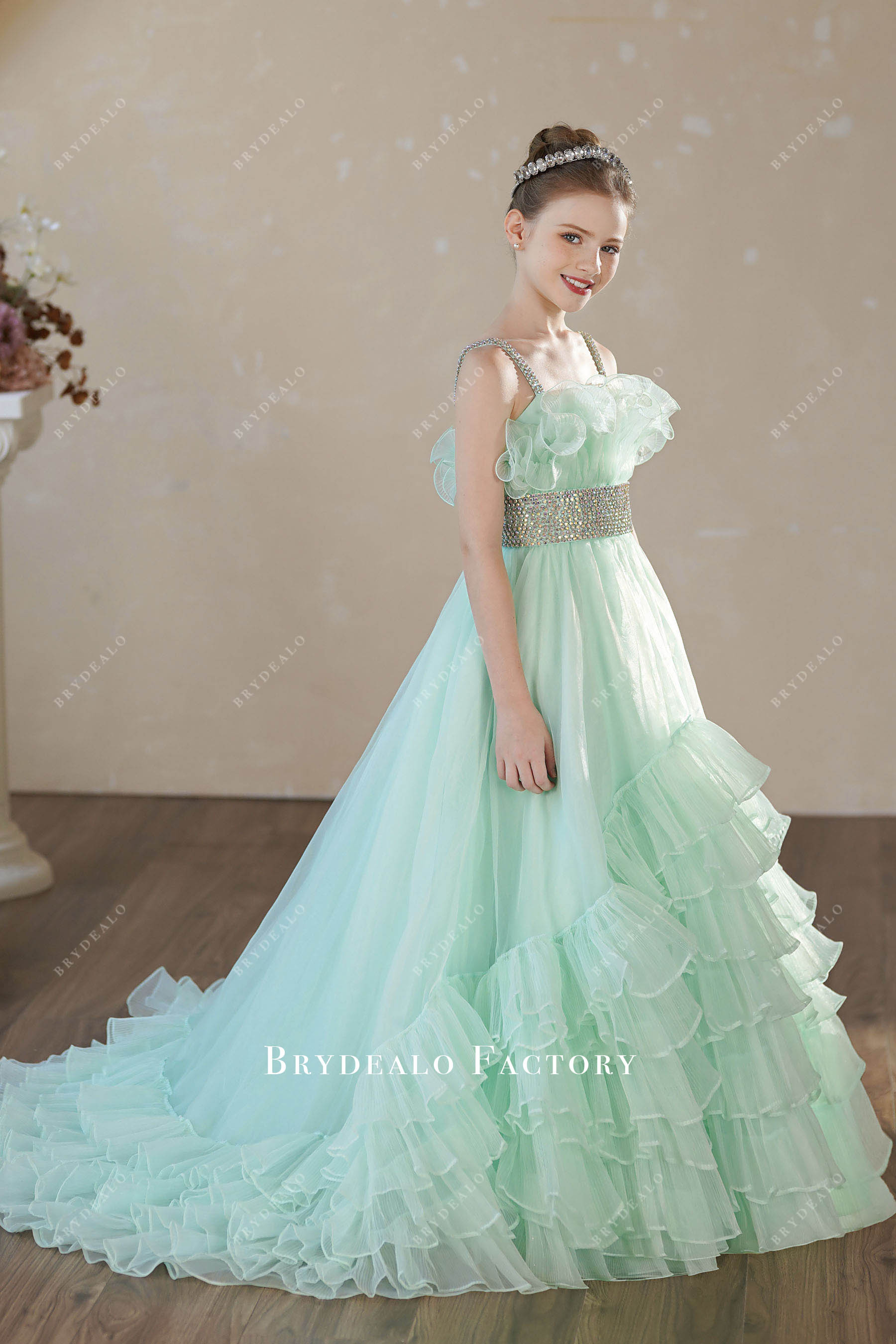 long-ruffled organza skirt kids pageant dress