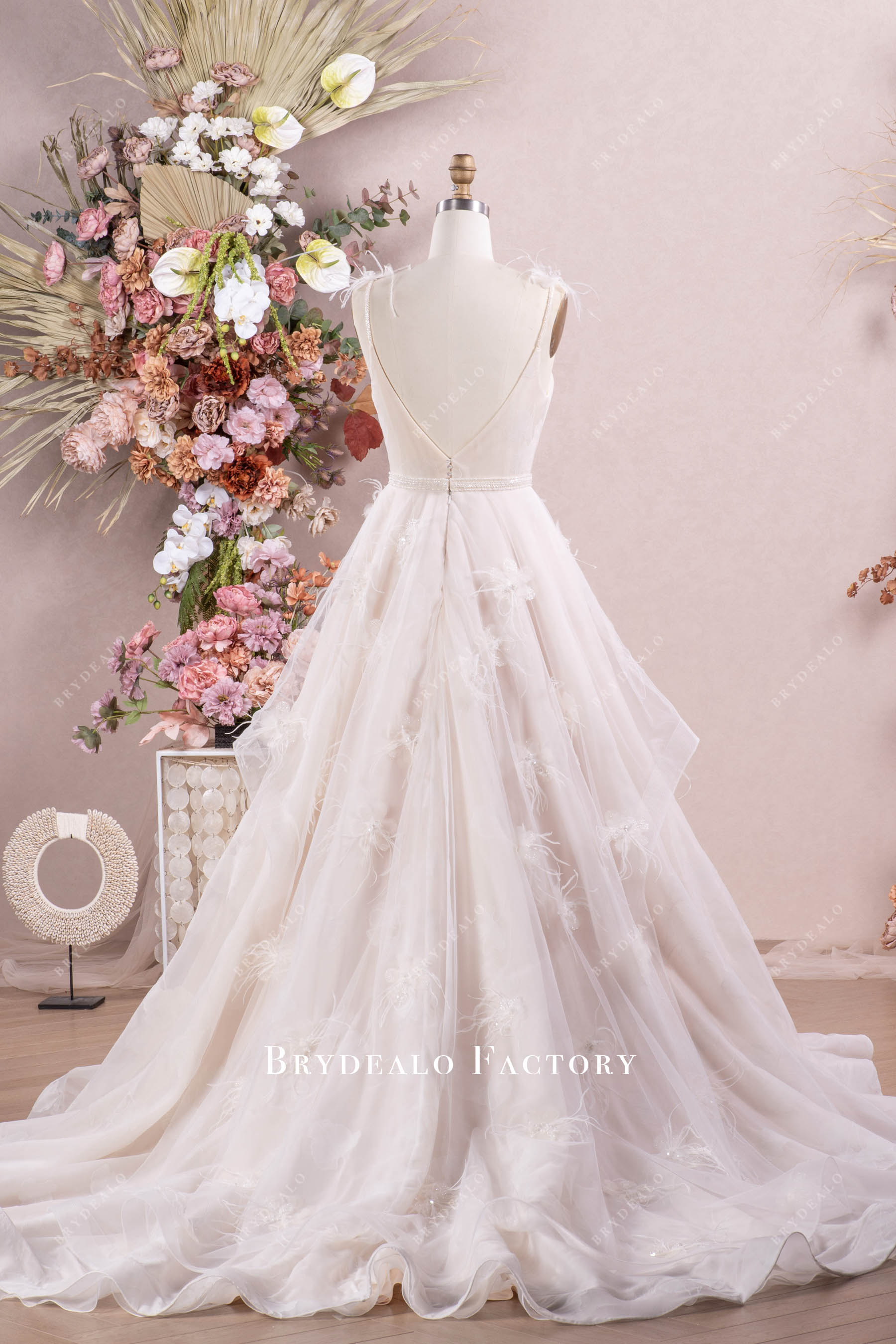 Lotus Organza Feather Flowers Ruffled A-line Wedding Dress