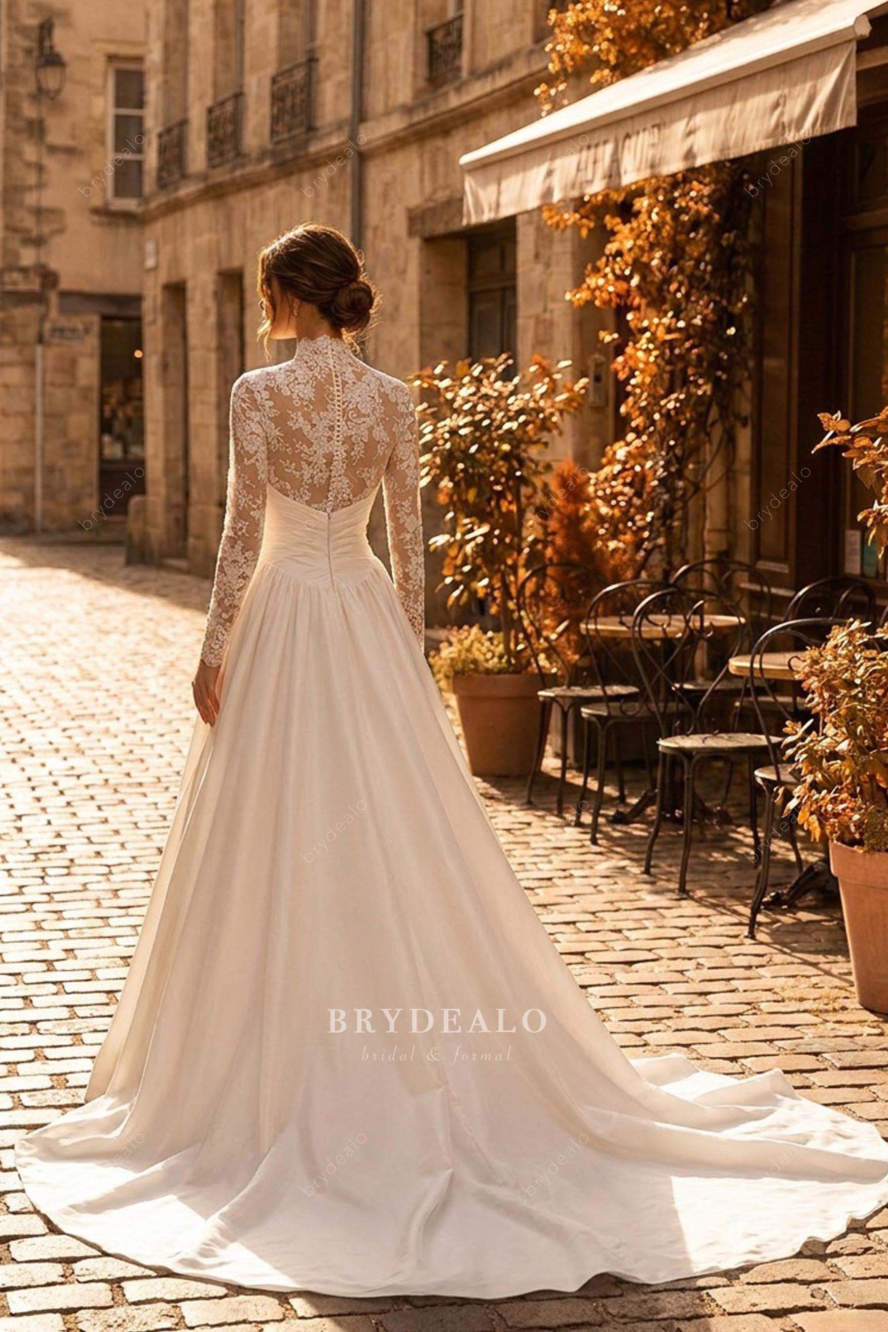 long satin lace high neck wedding dress