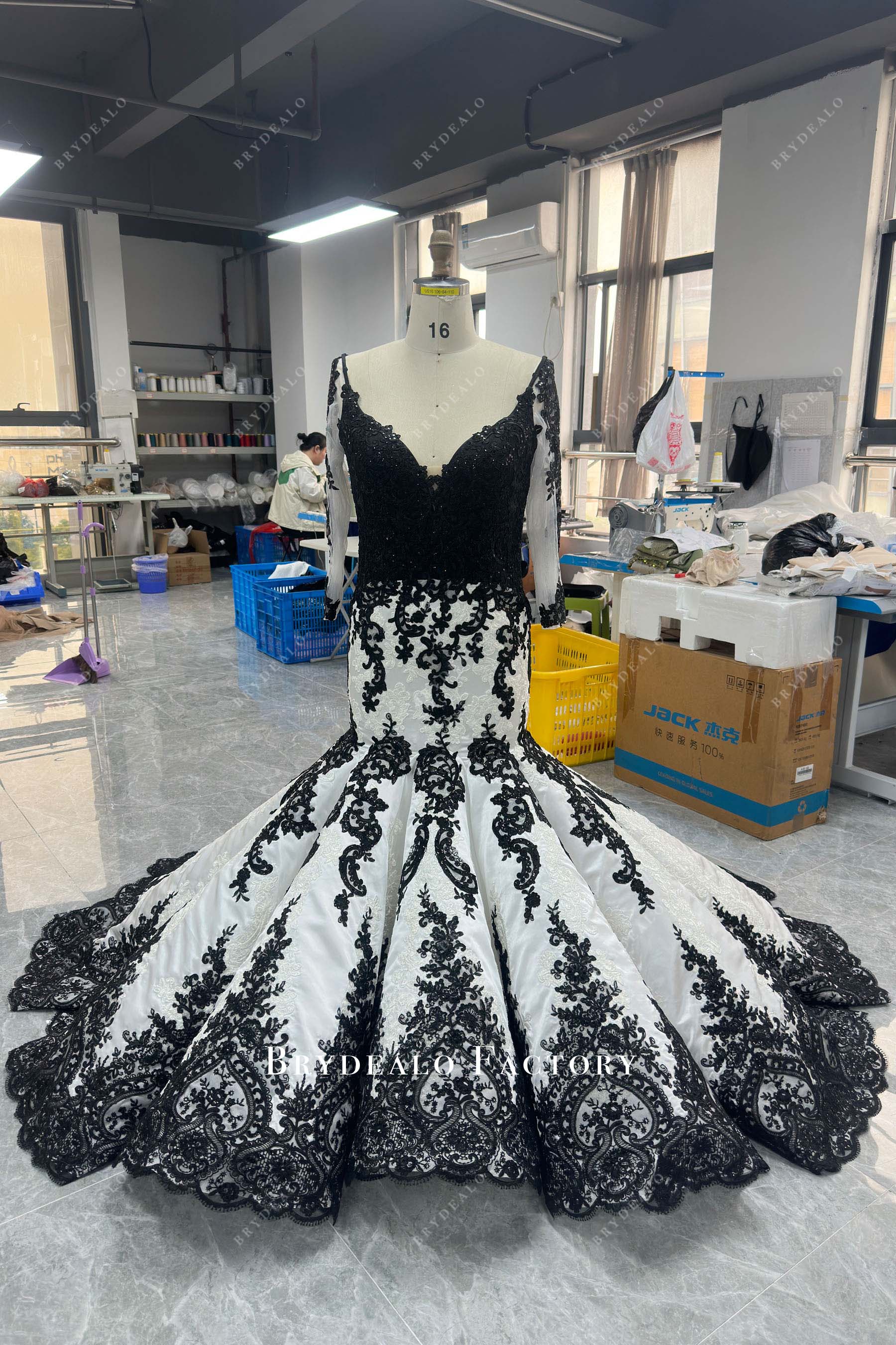 long sleeve black white wedding dress