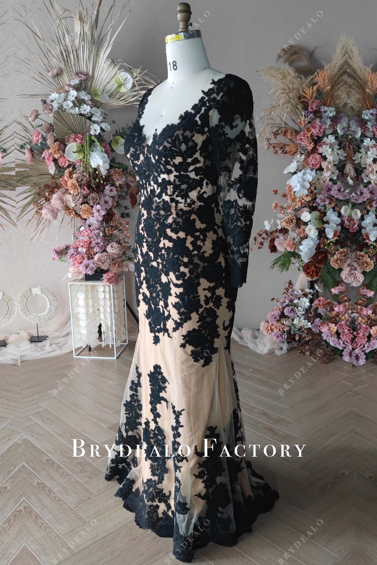 sheer long sleeves black lace floor length evening dress