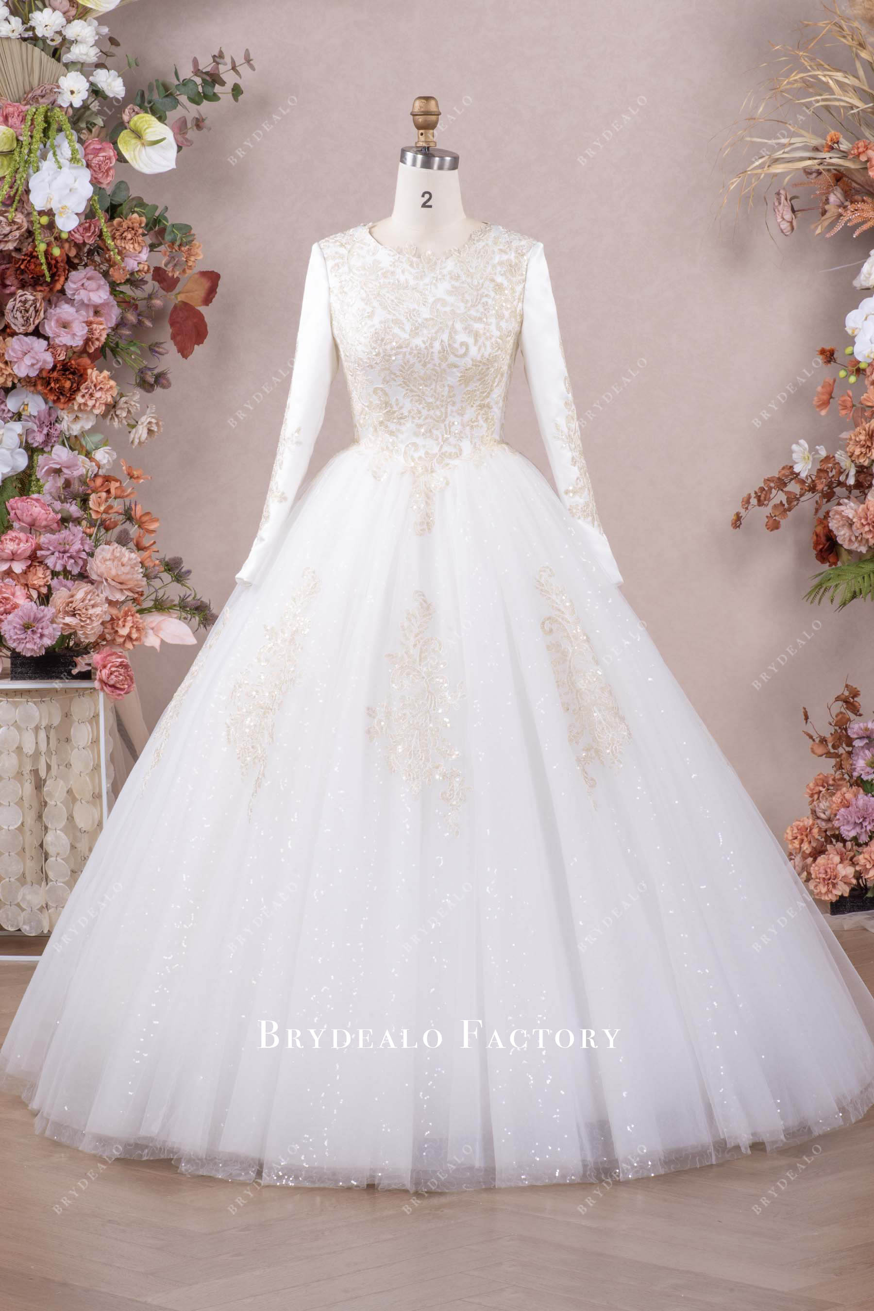 long sleeve floor length lace tulle bridal gown