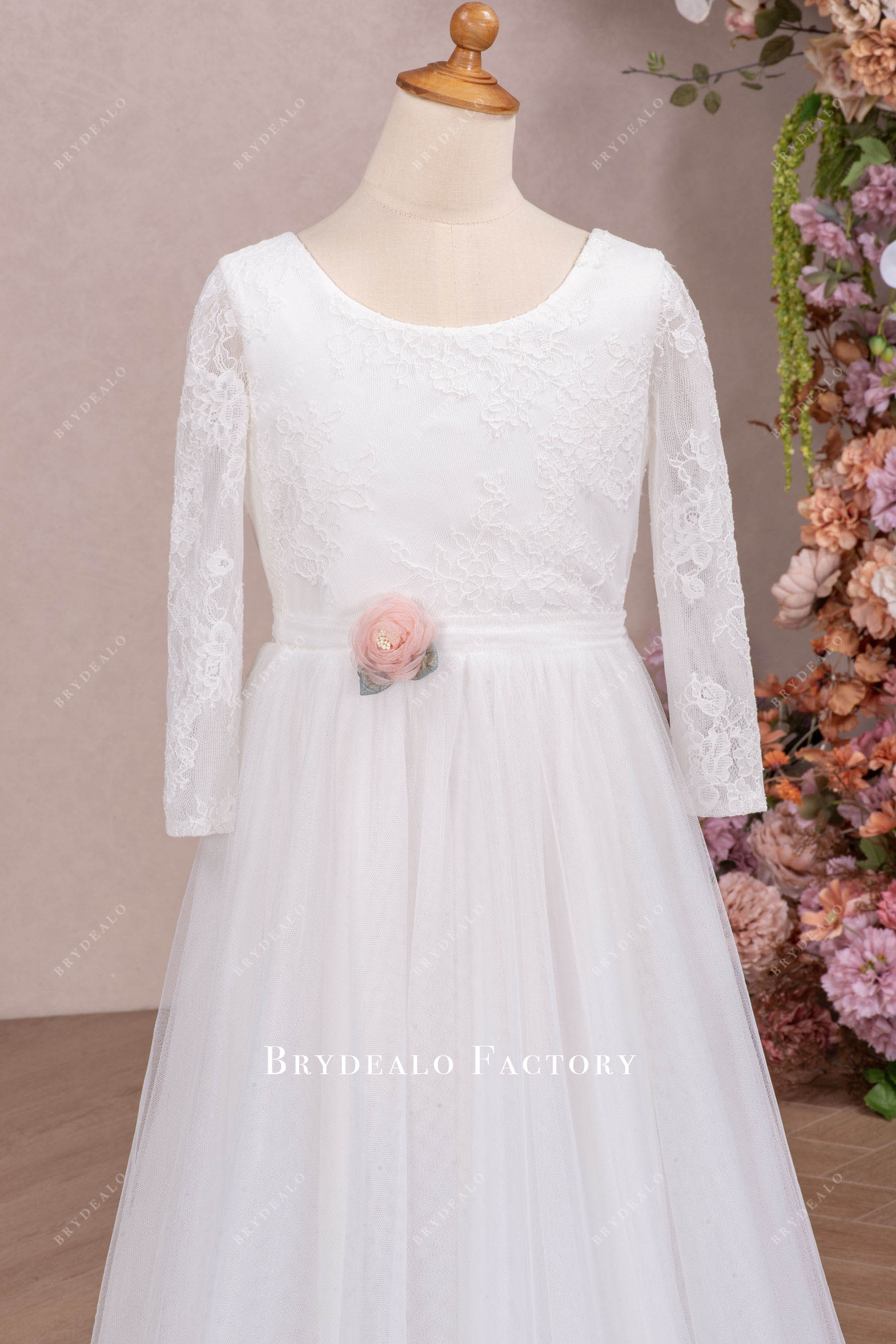 Ultra Soft Lace Tulle Sleeved Floor Length Flower Girl Dress