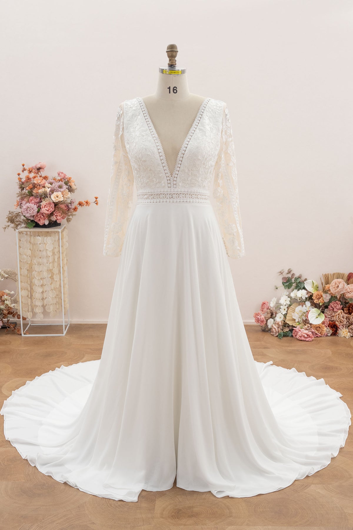 long sleeve lace chiffon wedding dress