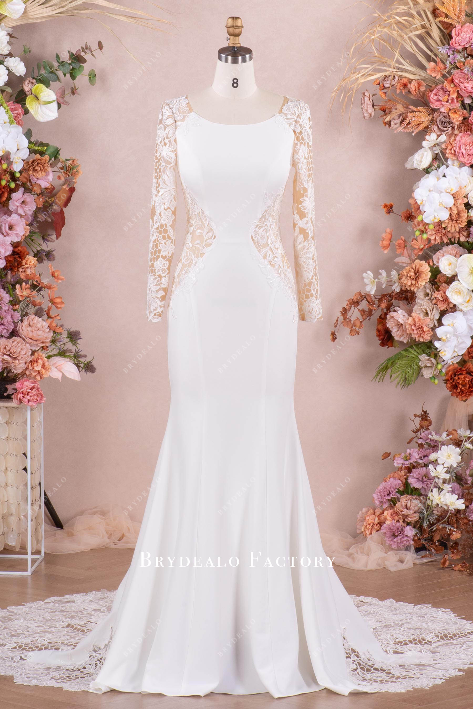 Elegant Long Cutout Lace Train Crepe Mermaid Wedding Dress