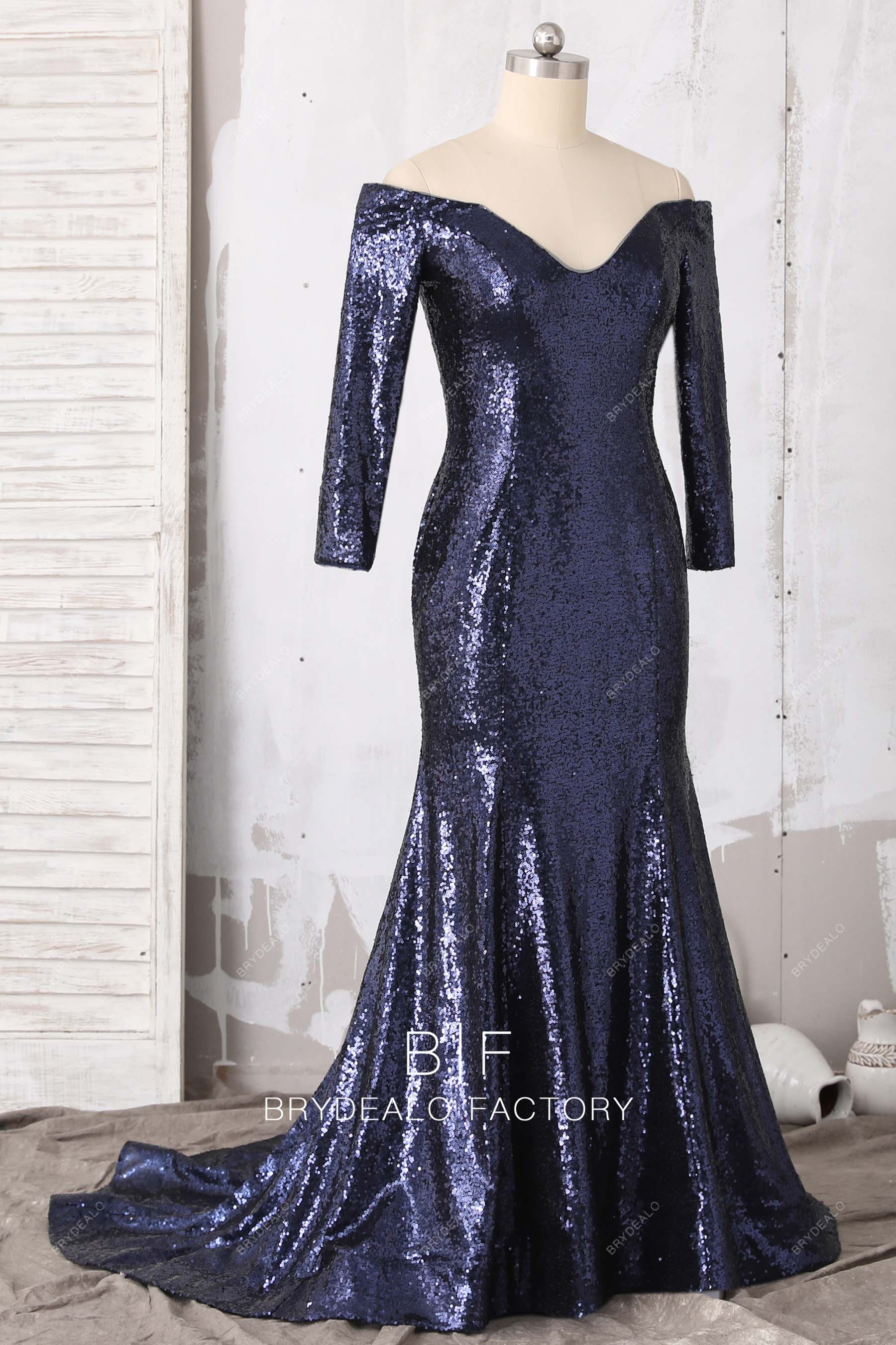 long sleeves navy blue sequin off shoulder bridesmaid dress