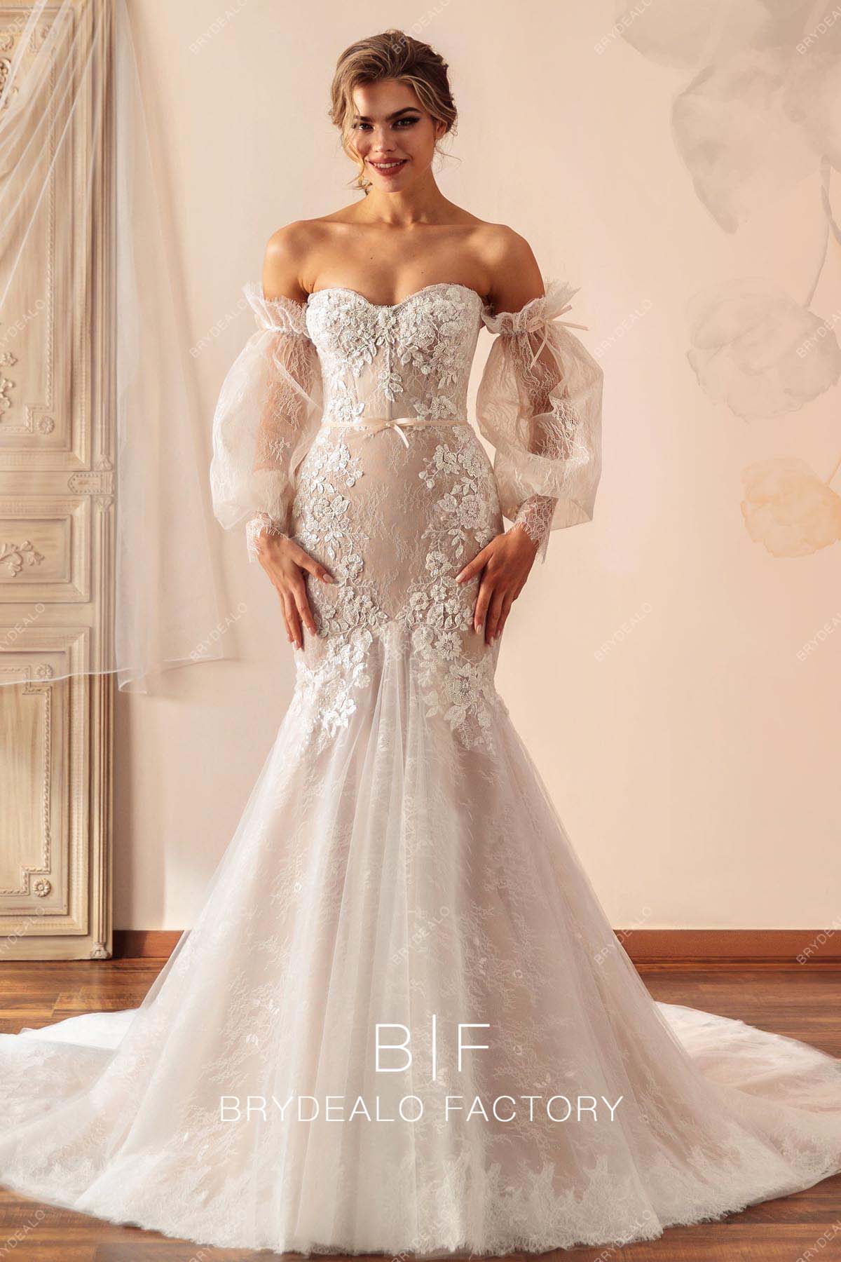Off Shoulder Removable Long Sleeves Mermaid Wedding Dress