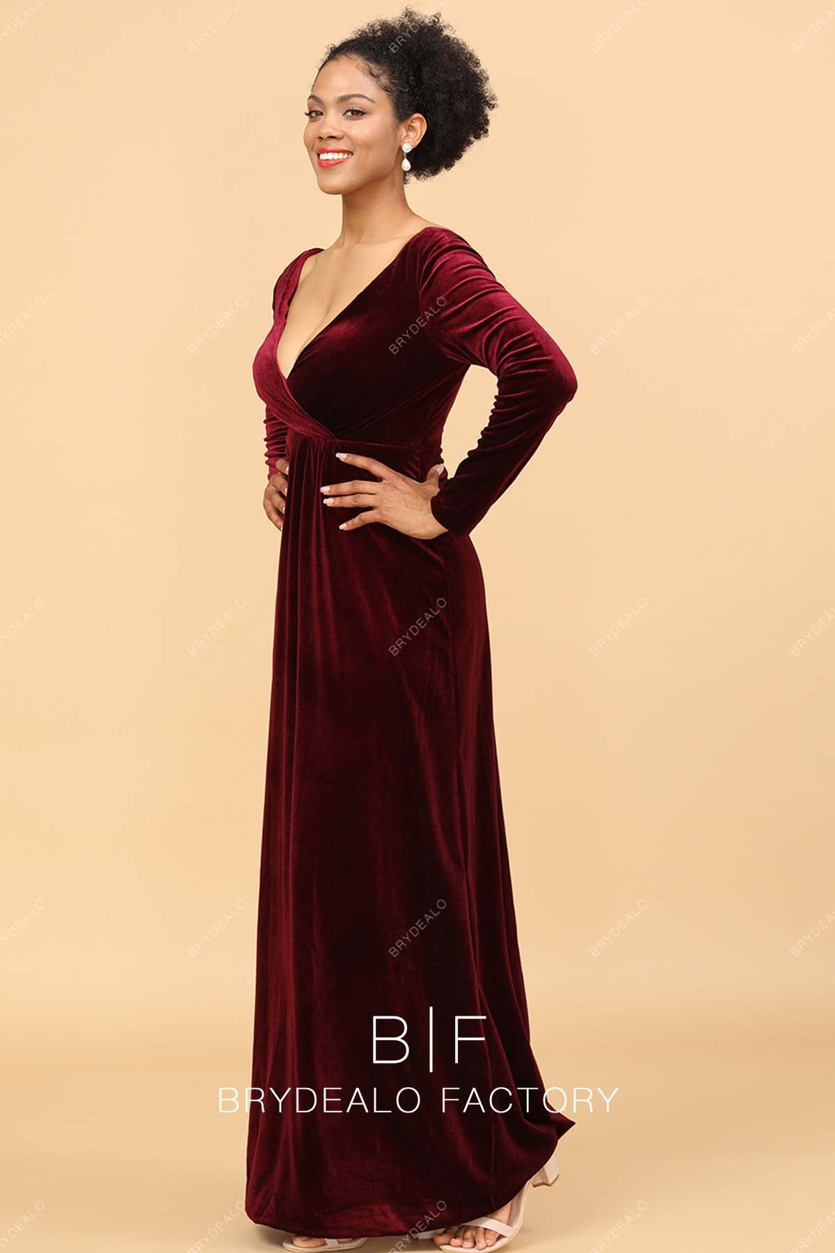 long sleeves ruby red velvet bridesmaid gown