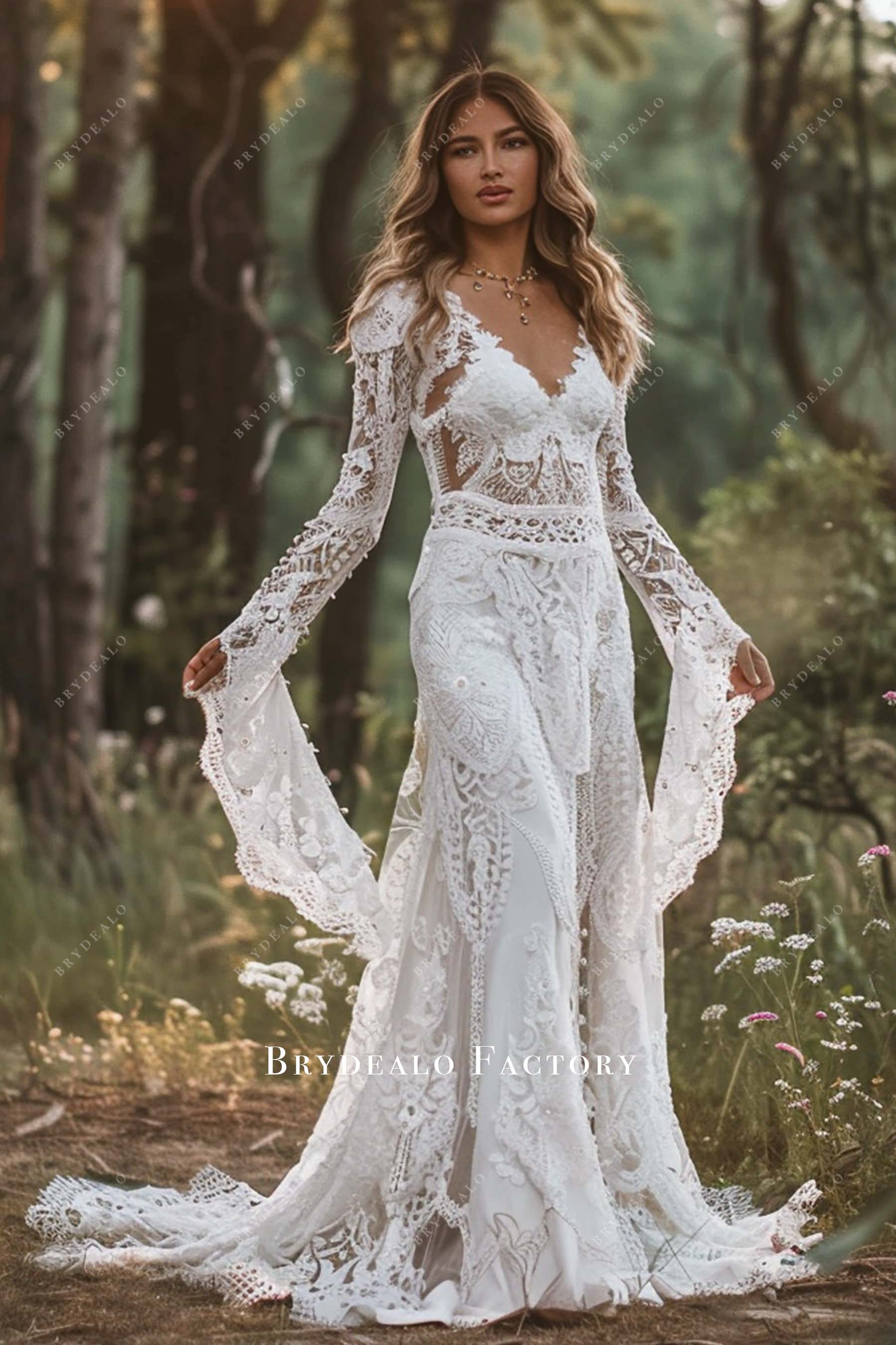 Boho Lace Bell Sleeves Fit and Flare Beach Wedding Gown