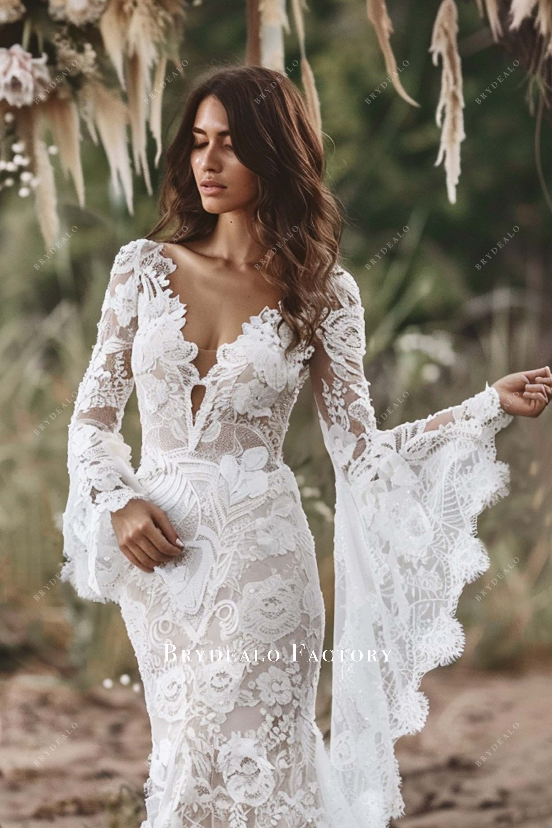 Bell Sleeves Bohemian Lace Fall Wedding Gown